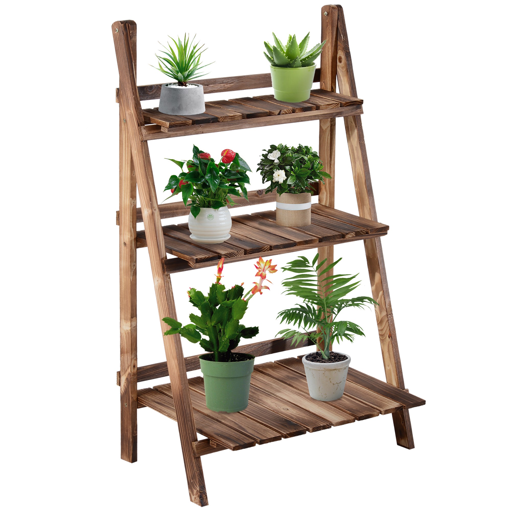 Wooden Folding Flower Pot Stand 3 Tier Garden Planter Display Ladder Gardener Storage Shelves Rack Herb Holder (60L x 37W x 93H (cm))