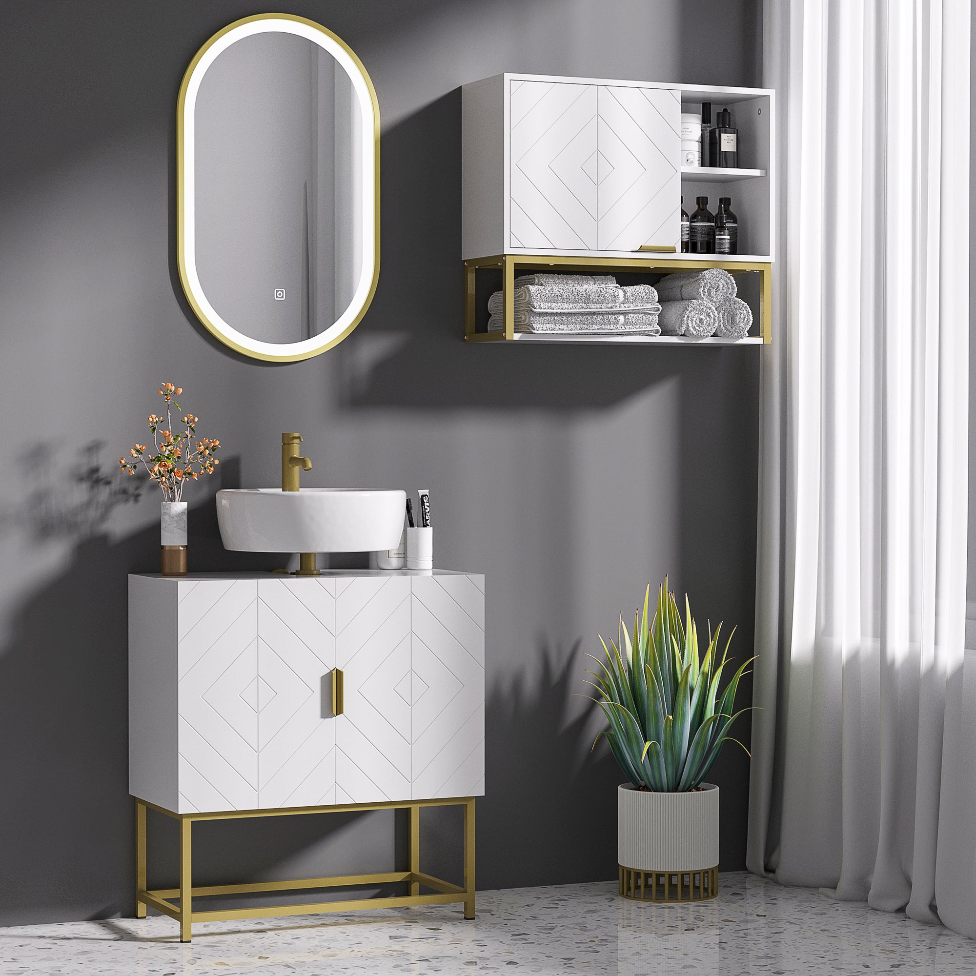 Bathroom Mirror Cabinet Under Sink Storage Cabinet Basin Cupboard with 2 Doors and Gold Steel Legs