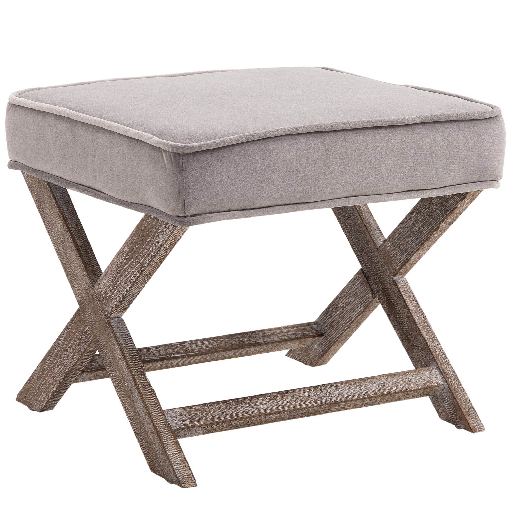 Vintage Footstool Padded Seat X Leg Chair Velvet Cover Shabby Chic Footrest Solid Rubber Wood 49.5 x 45 x 41 cm Grey