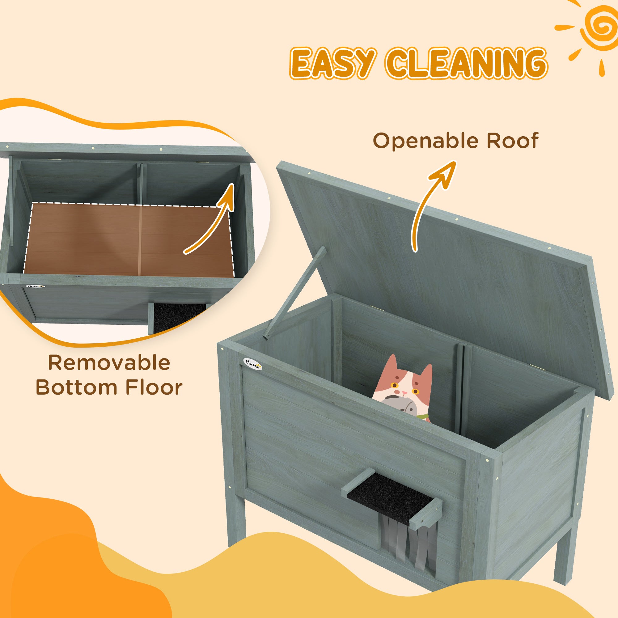 Outdoor Cat House Wooden Insulated with Removable Floor, Waterproof Openable Roof - Charcoal Grey