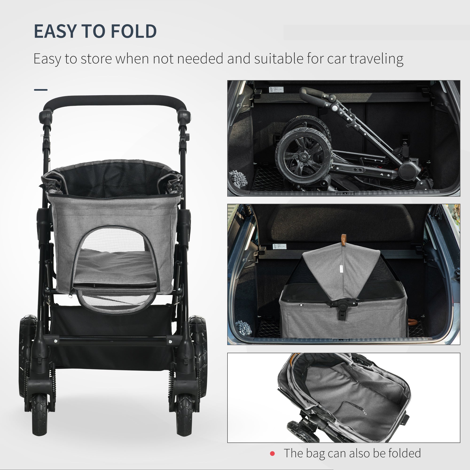 2-In-1 Design No-Zip Pet Stroller Detachable Bag Travel Trolley with Shock-absorbing System Brake Basket Adjustable Handlebar Safety Leash Grey