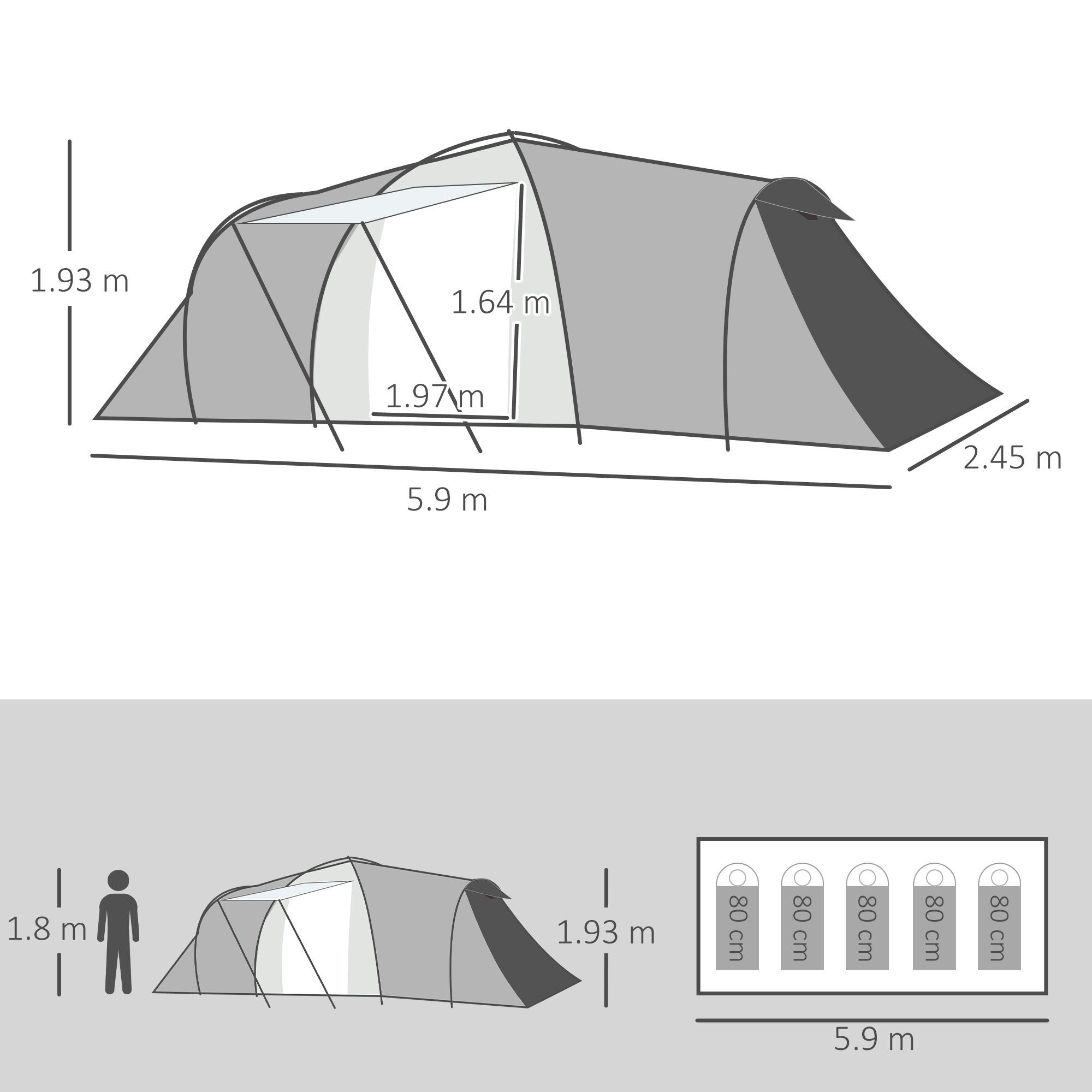 4 Person Waterproof Tunnel Tent with Two Bedrooms and Vestibule - Green