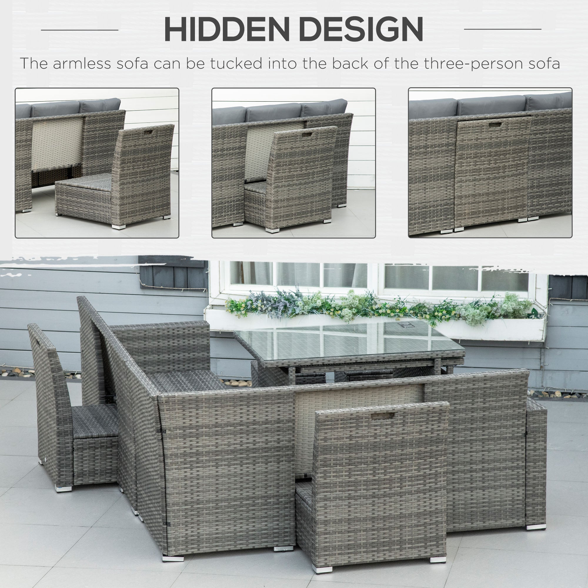 7 Piece 10-Seater Rattan Garden Sofa Set with Cushions, Footstools & Expandable Glass Table - Grey