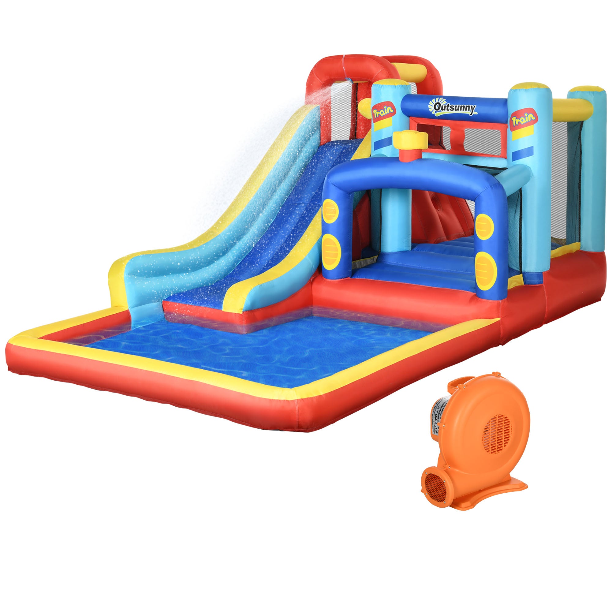 4 in 1 Bouncy Castle, with Slide, Pool, Trampoline, Climbing Wall, Blower - Multicoloured