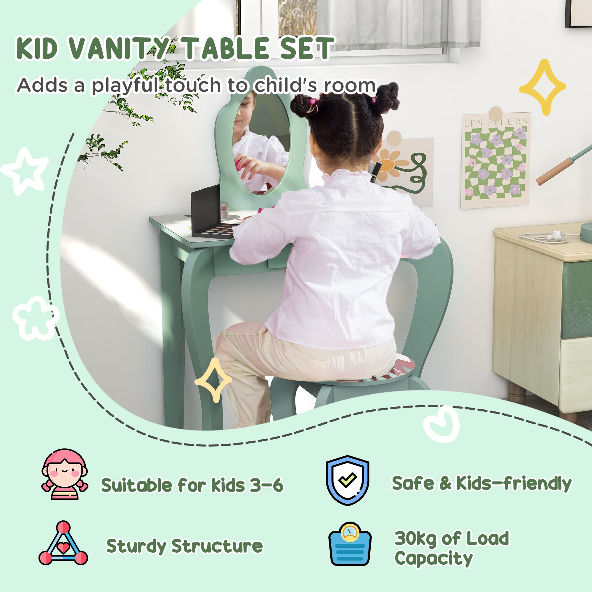 Kids Dressing Table with Mirror and Stool, Girls Vanity Table Makeup Desk with Drawer, Cute Animal Design, for 3-6 Years - Green