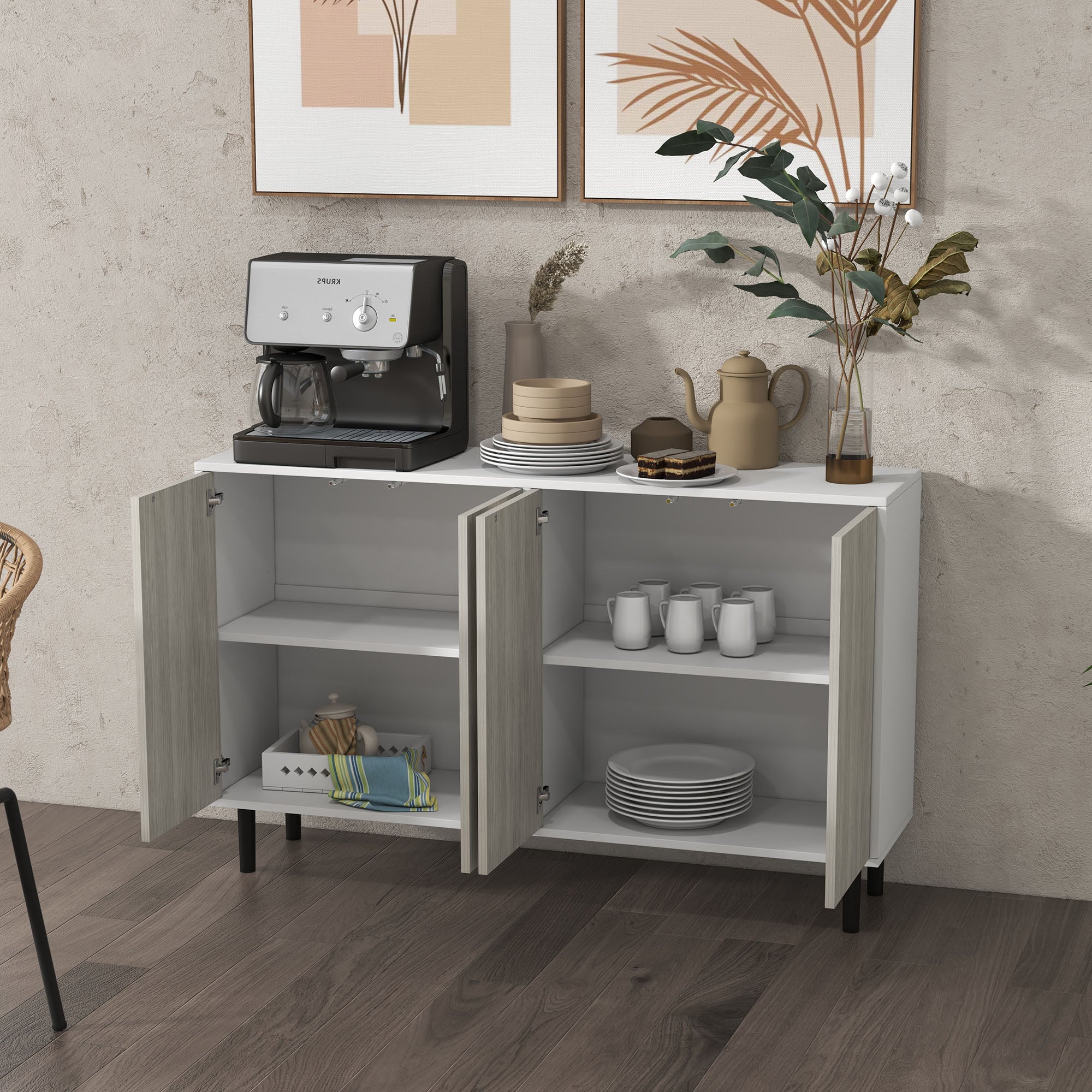 Kitchen Sideboard Storage Cabinet for Living Room with Adjustable Shelves 4 Doors and Pine Wood Legs White