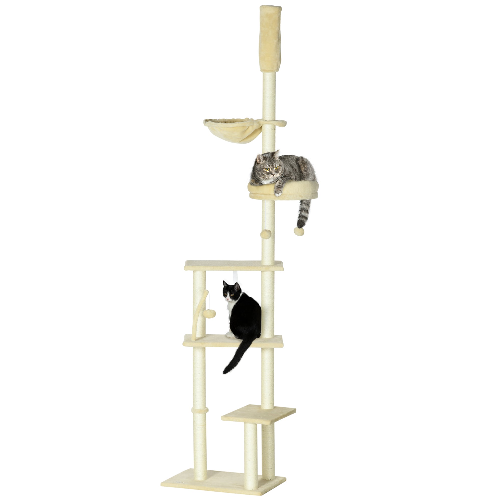 Floor to Ceiling Cat Tree, 6-Tier Play Tower Climbing Activity Center w/ Scratching Post, Platforms, Adjustable Height, Beige