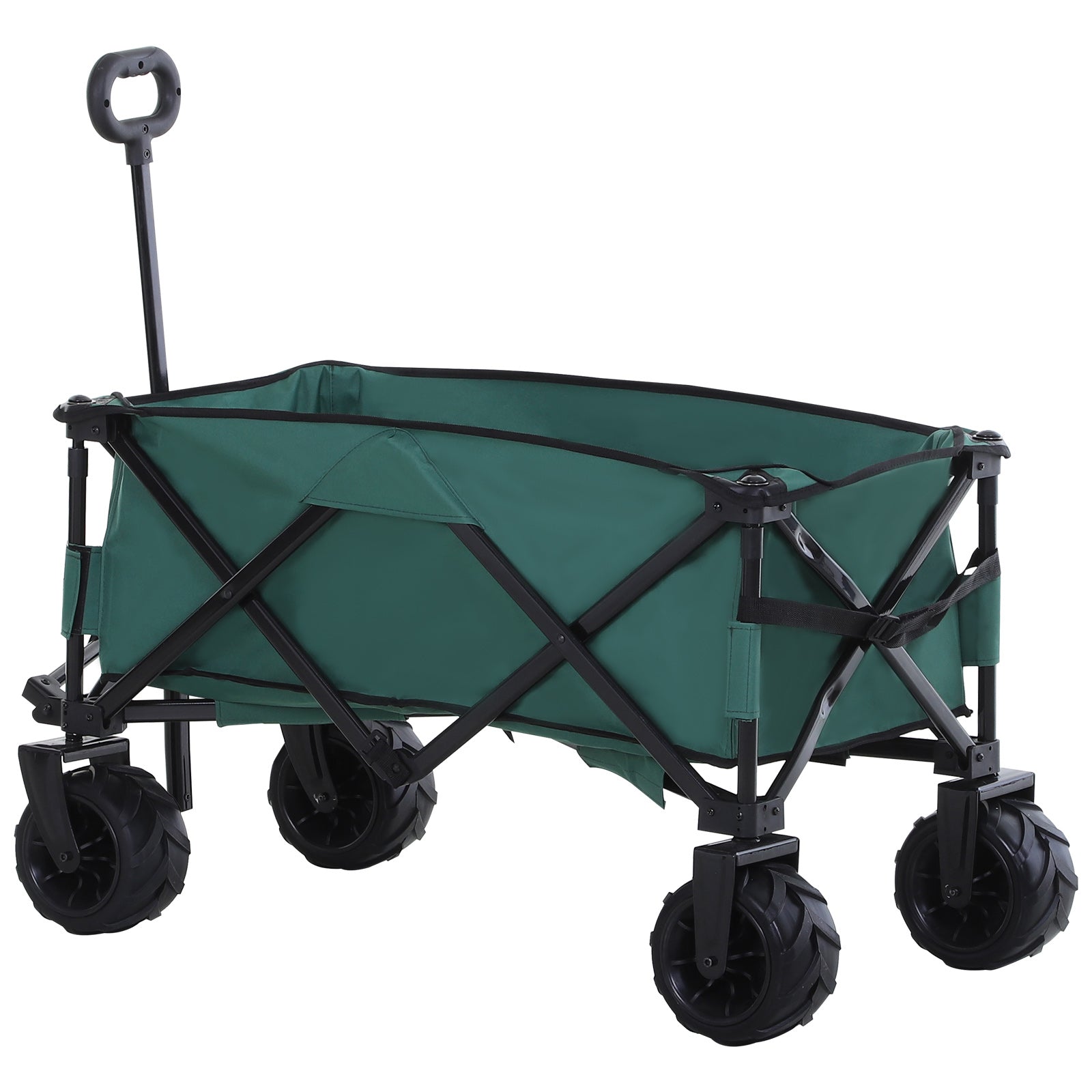 Outdoor Pull Along Cart Folding Cargo Wagon Trailer Trolley for Beach Garden Use with Telescopic Handle, Anti-Slip Wheel - Green