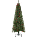 Pencil Artificial Christmas Tree with Auto-Open Branches and Red Berries - Green