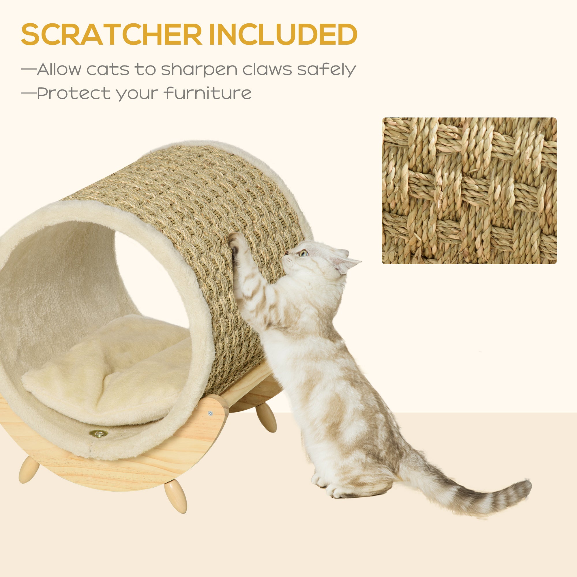 Elevated Cat House, Kitten Bed, Pet Shelter, Wrapped with Scratcher, Soft Cushion, 41 x 38 x 43 cm, Khaki