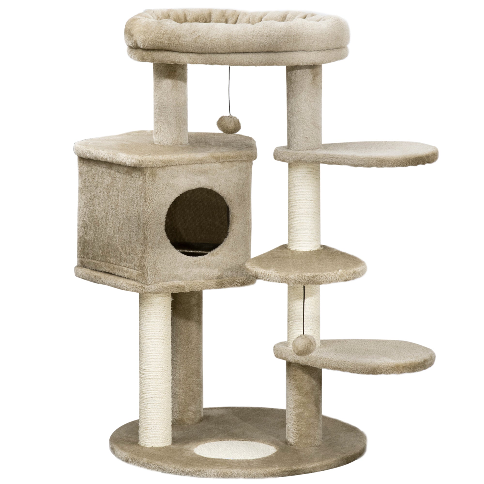 Cat Tree, Cat Tower for Indoor Cats with Sisal Scratching Post, Ramp, Kitten Bed, Condo, Ball Toy, Brown, 55x55x94 cm