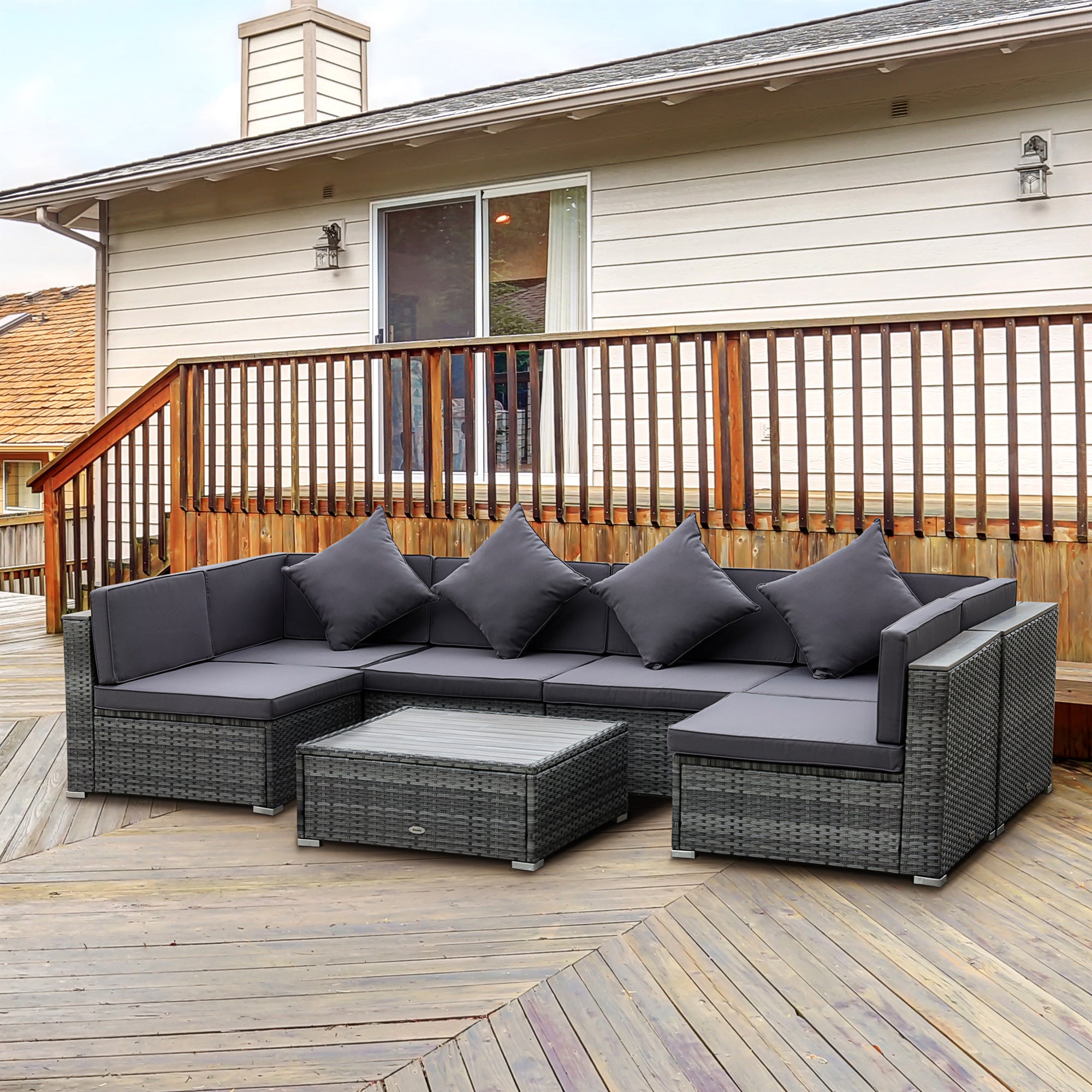 7 Pieces Patio Wicker Sofa Set, Outdoor PE Rattan Sectional Furniture Set w/ Acacia Table Top & Cushion for Garden, Backyard, Grey