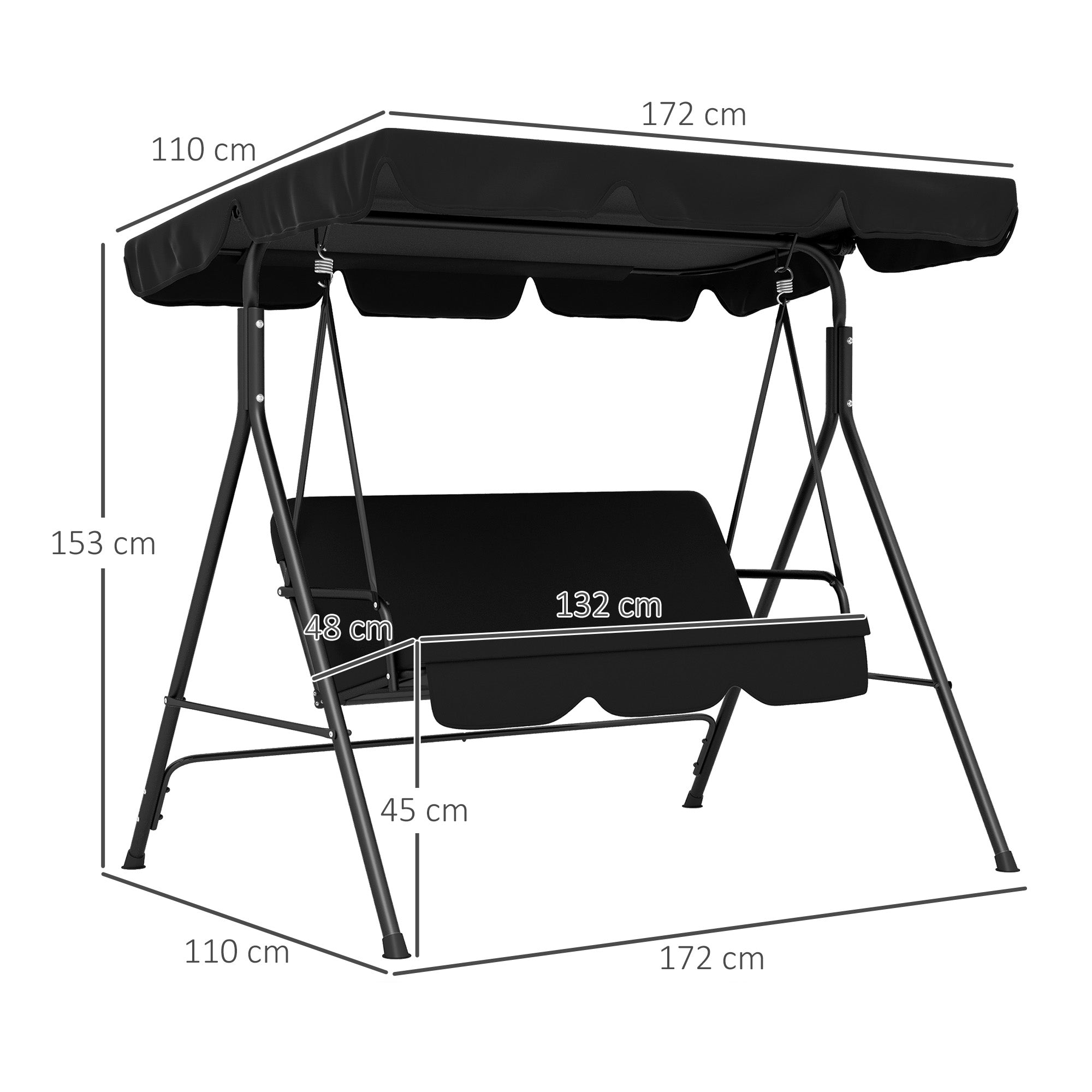 3-Seat Swing Chair Garden Swing Seat with Adjustable Canopy for Patio, Black