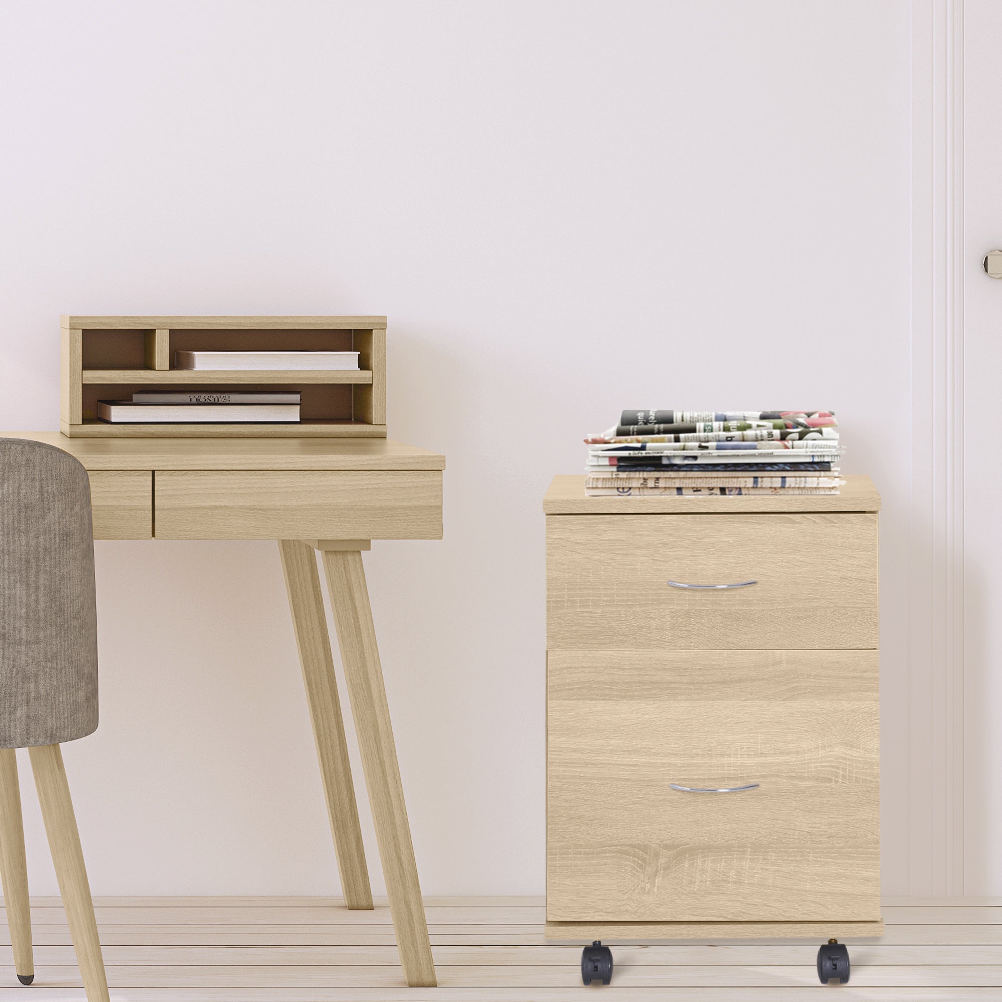 File Cabinet Cupboard Storage with Two Drawers, Table Storage Box with Wheels, Cabinet Bedside Table Storage Box, Oak