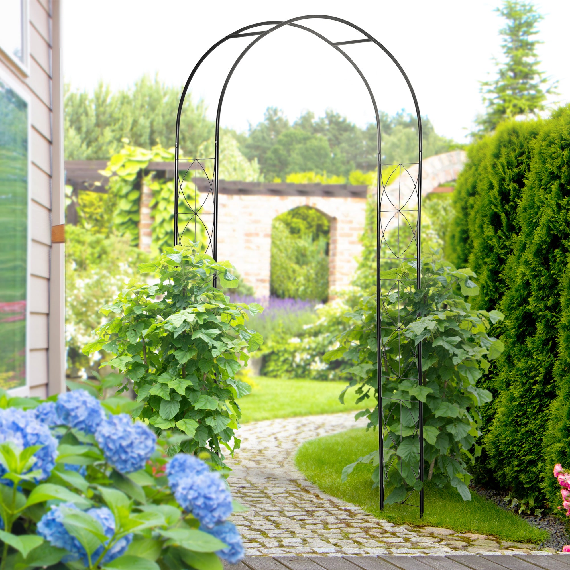 Vintage Style Steel Garden Arbor and Trellis Arch 2.3m High - Black