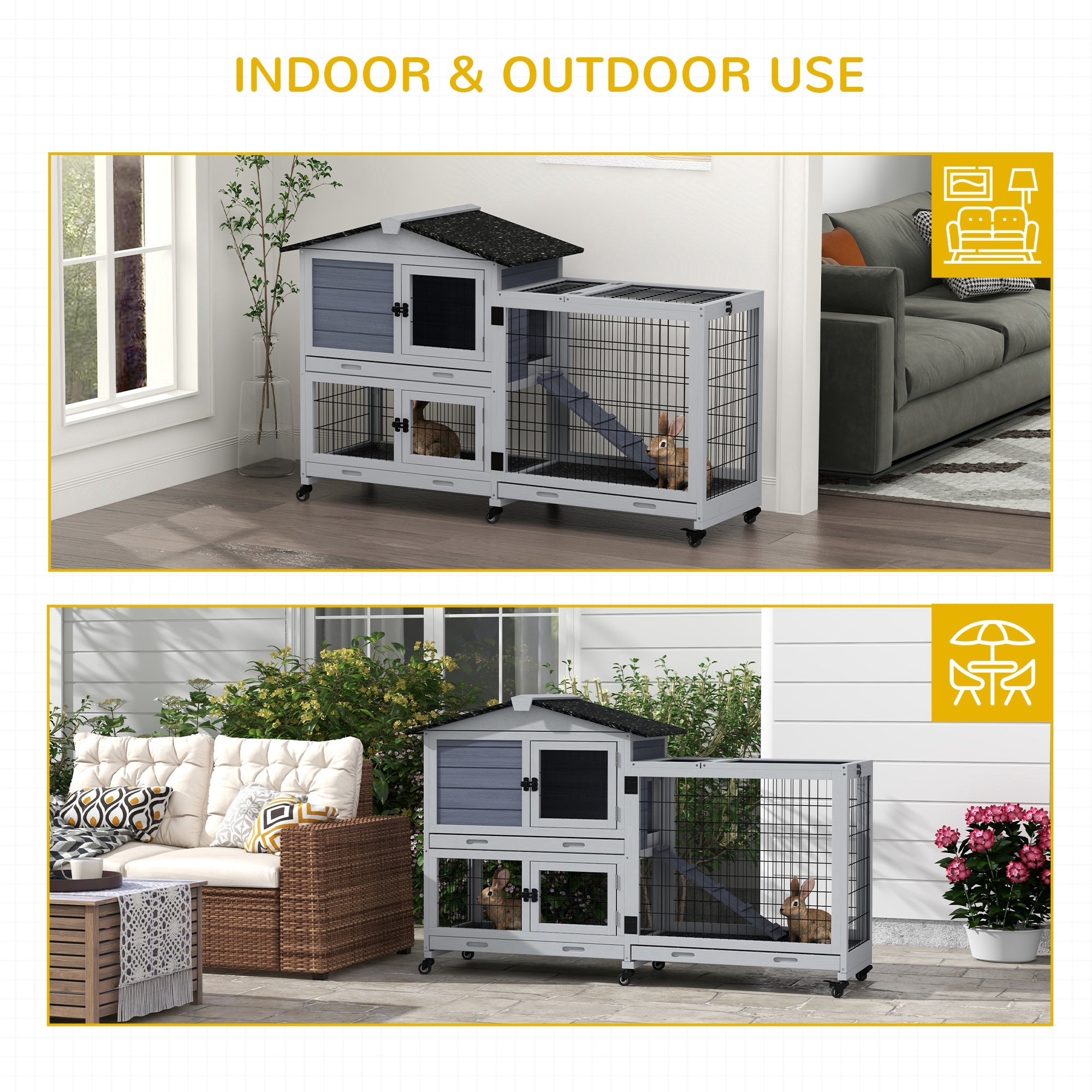 Portable Rabbit Cage, Rabbit Hutch with Run, Wheels, 3 Slide-out Trays, Ramp, Openable Top for Outdoor Indoor - Grey