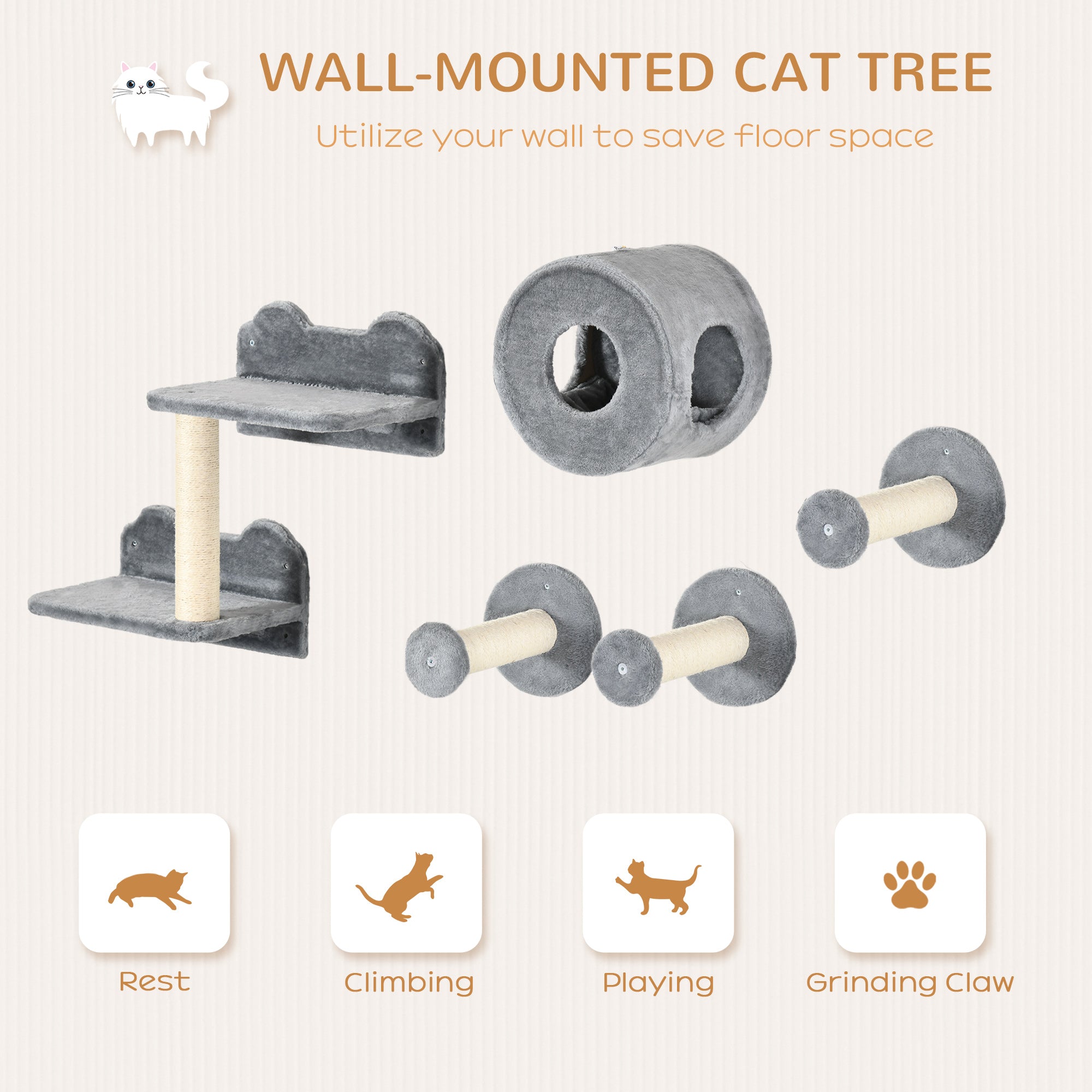 5Pcs Cat Wall Furniture with Perch, Cat Condo, Scratching Post, Wall Mounted Cat Tree for Indoor Cats Use - Grey