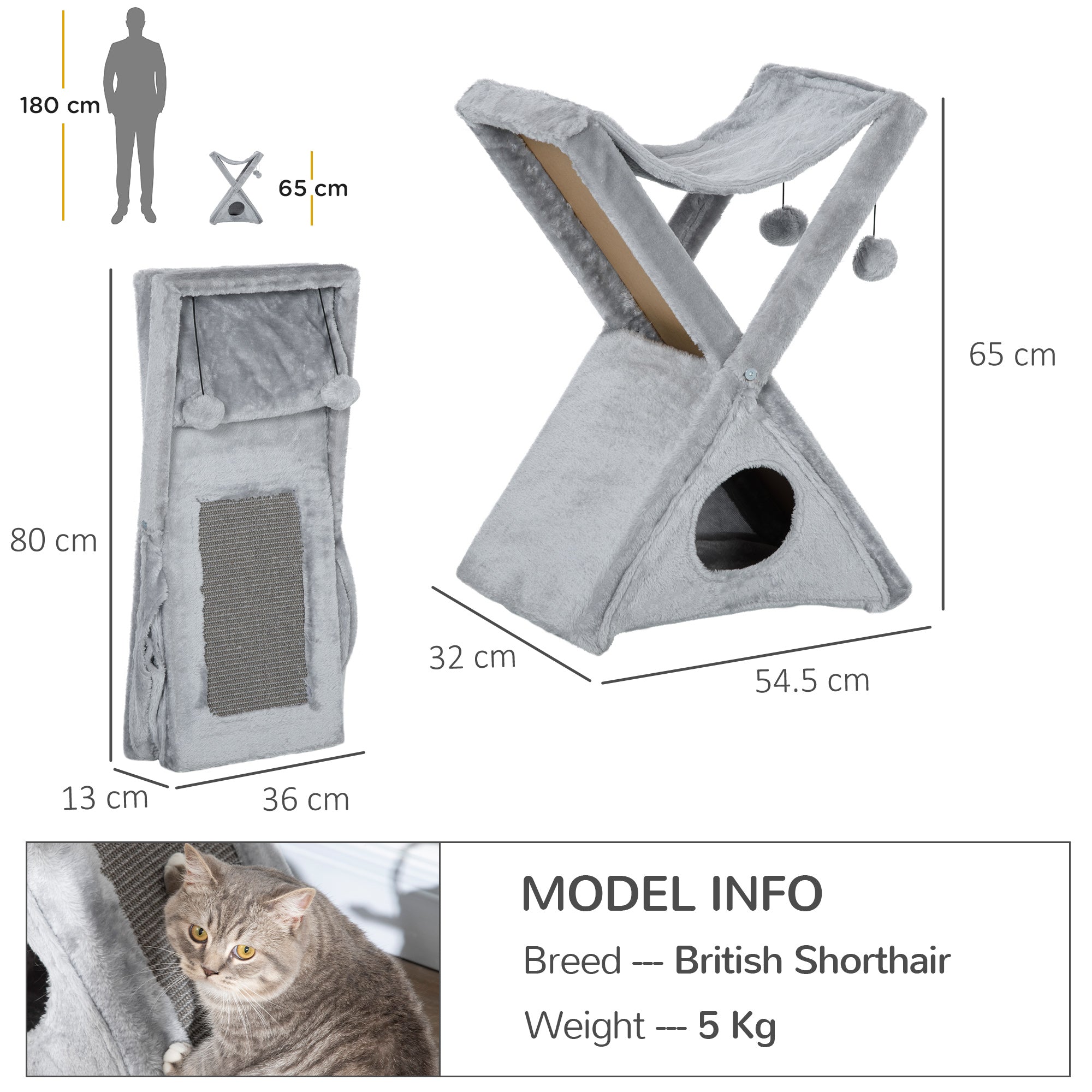 Two Tier Cat Tree Tower Scratching Post, 50L x 32W x 65Hcm-Grey