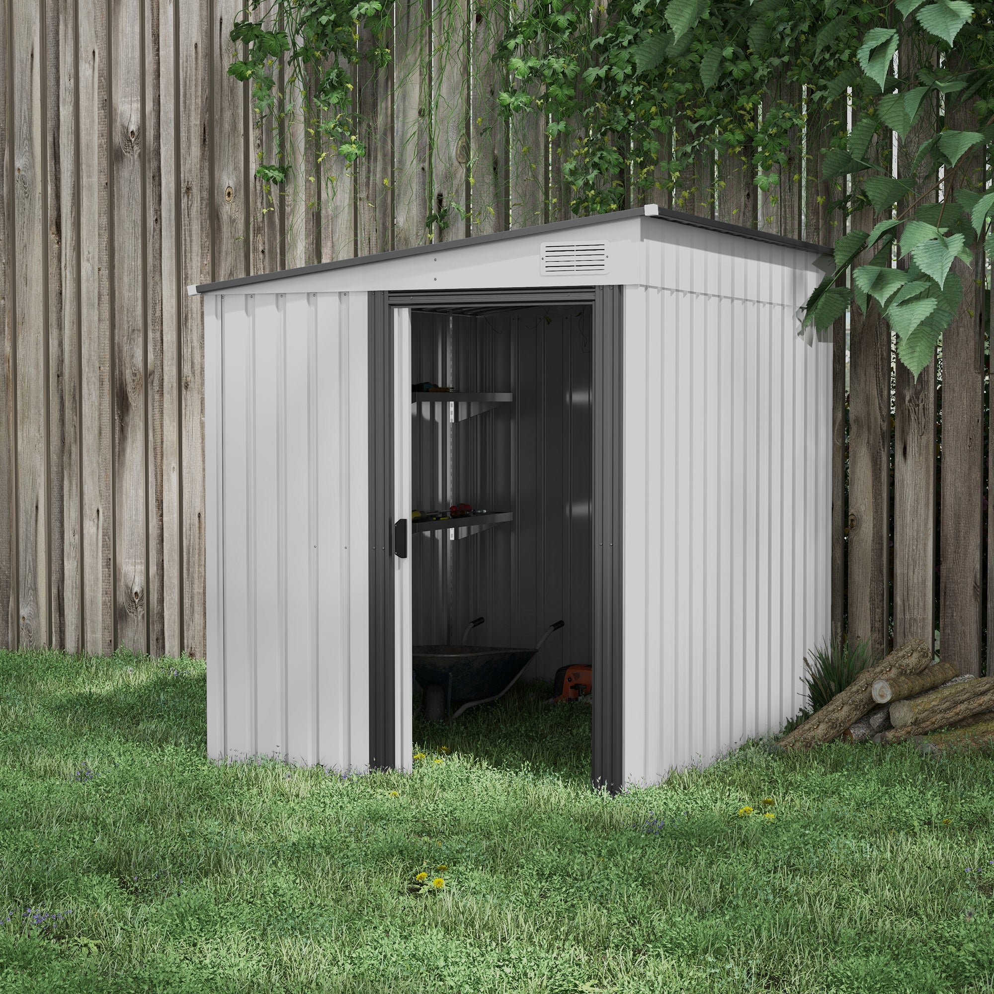 5 x 7FT Galvanised Metal Shed with Foundation, Lean to Tool Garden Shed with Sliding Doors and 2 Vents, White