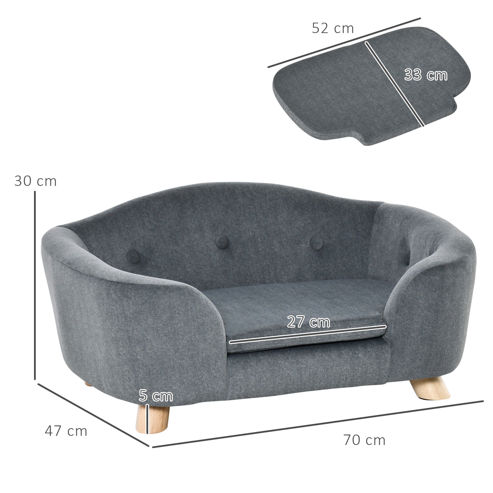 Pet Sofa, Dog Bed Couch, Puppy Kitten Lounge, with Wooden Frame, Short Plush Cover, Washable Cushion, for Small Dog, 70 x 47 x 30 cm, Grey