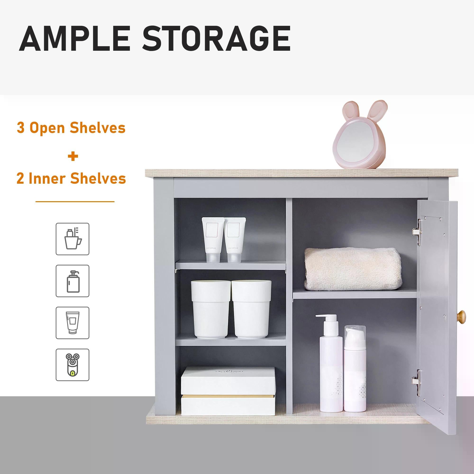 Bathroom Wall Mirror Storage Cabinet with Adjustable Shelves - Grey