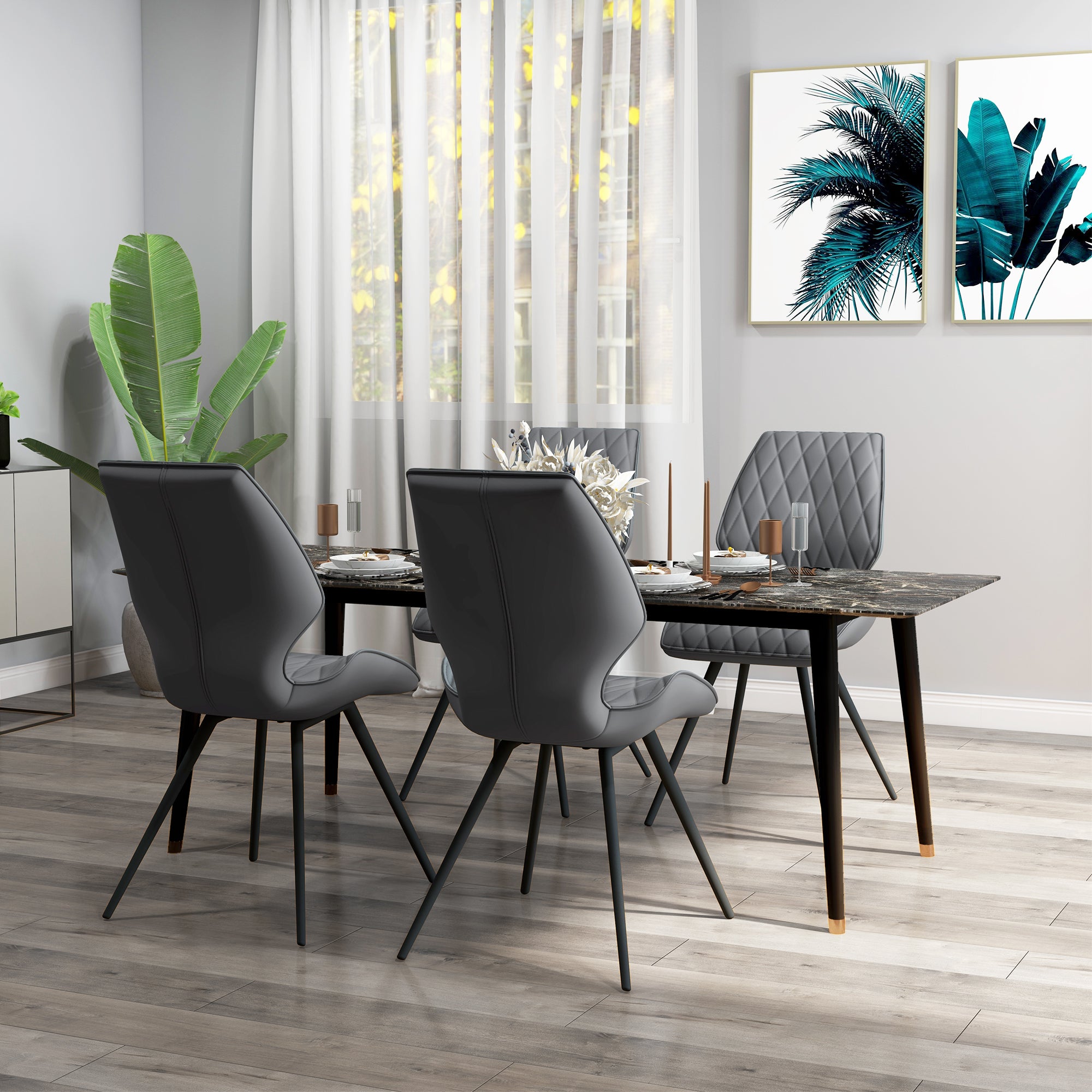Set of 4 Dining Chairs, Kitchen Chairs with Metal Legs, PU Leather Seat and Backrests, Grey