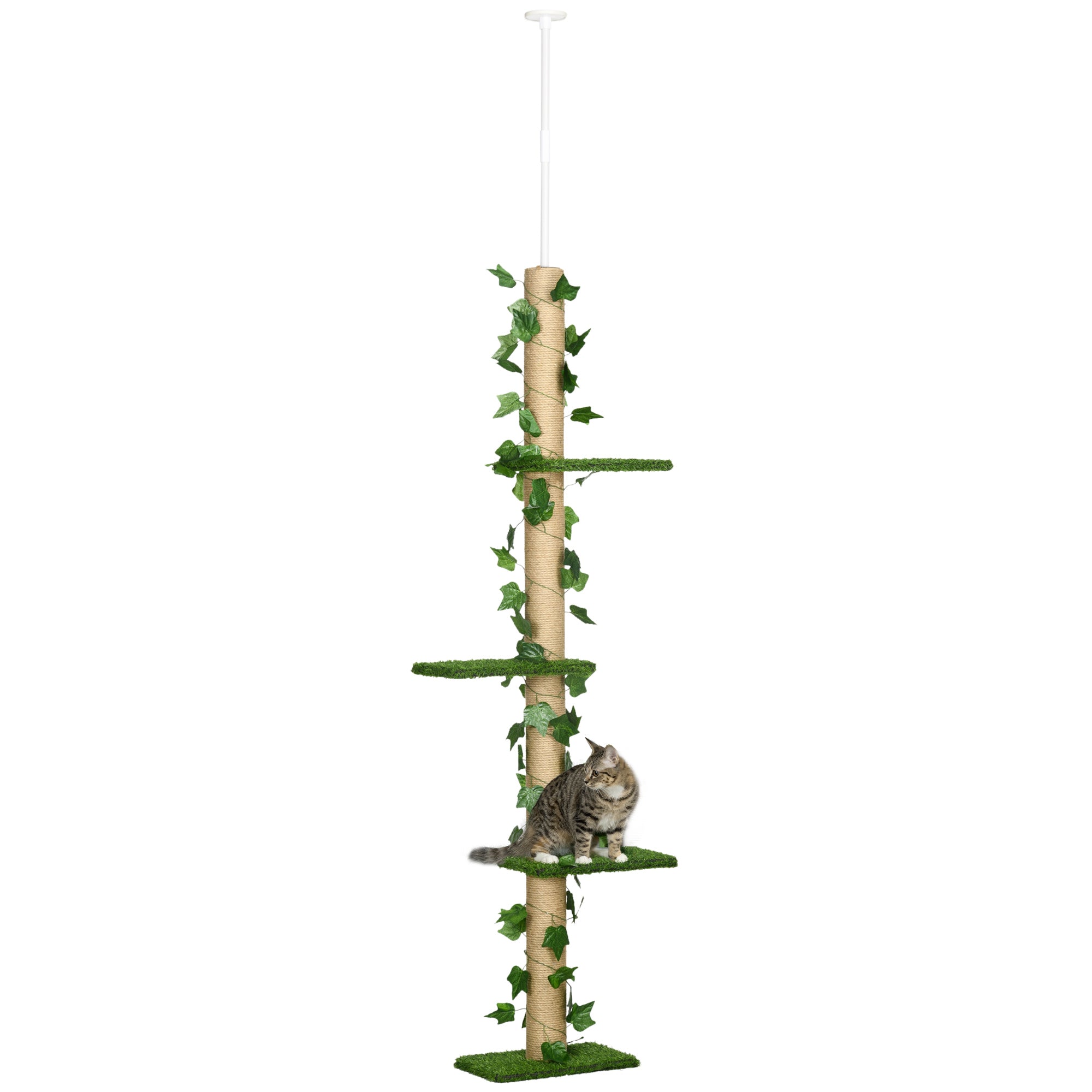 242cm Floor to Ceiling Cat Tree, Height Adjustable Kitten Tower with Anti-slip Kit, Highly Simulated Multi-Layer Activity Center Green