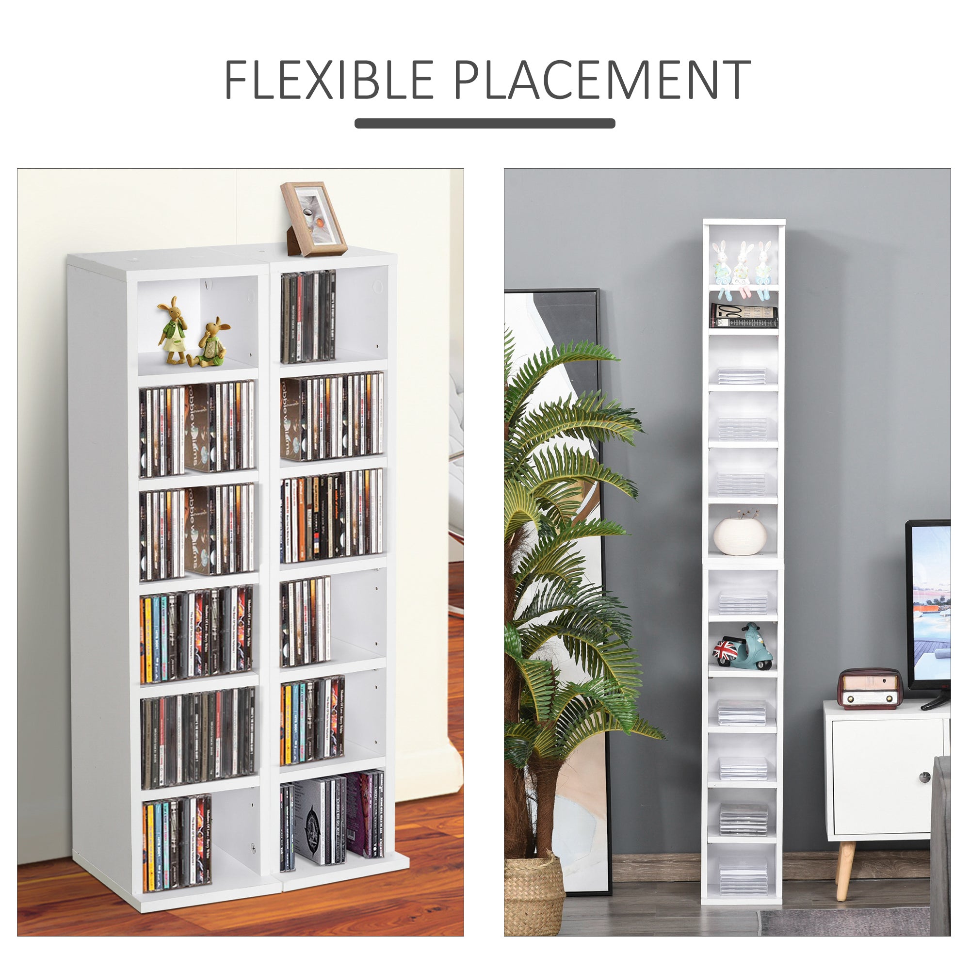 204 CD Media Display Shelf Unit Set of 2 Blu-Ray DVD Tower Rack w/ Adjustable Shelves Bookcase Storage Organiser, White