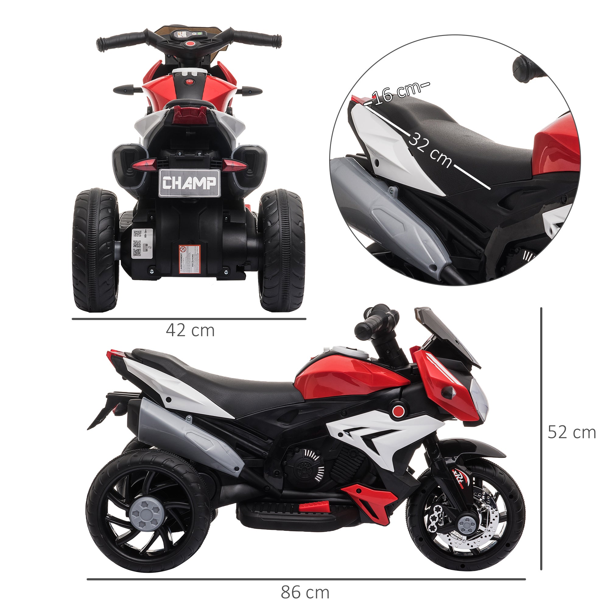 Kids 6V Battery Steel Enforced Motorcycle Ride On Trike Red