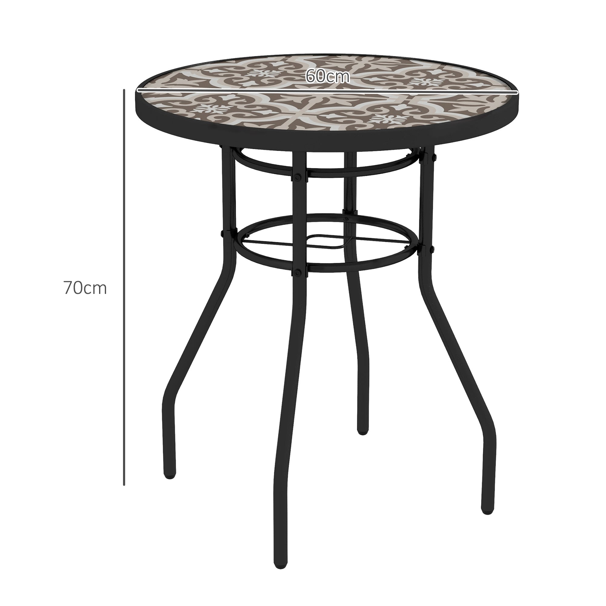 Tempered Glass Top Garden Table with Printed Design and Steel Frame 60x70cm - Tan Brown
