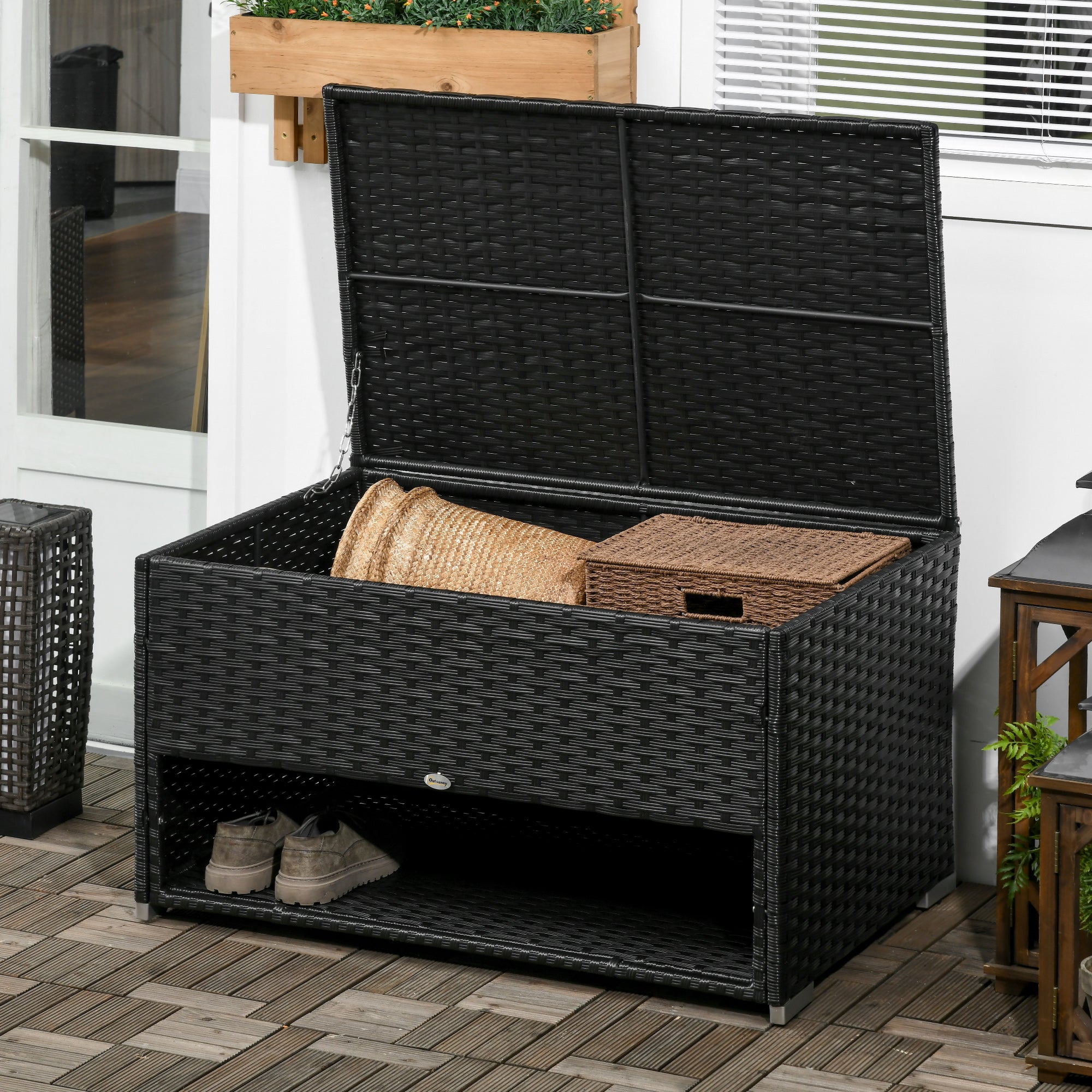 Rattan Garden Storage Box, Outdoor PE Wicker Deck Doxes w/ Shoe Layer for Indoor, Outdoor, Spa, Black