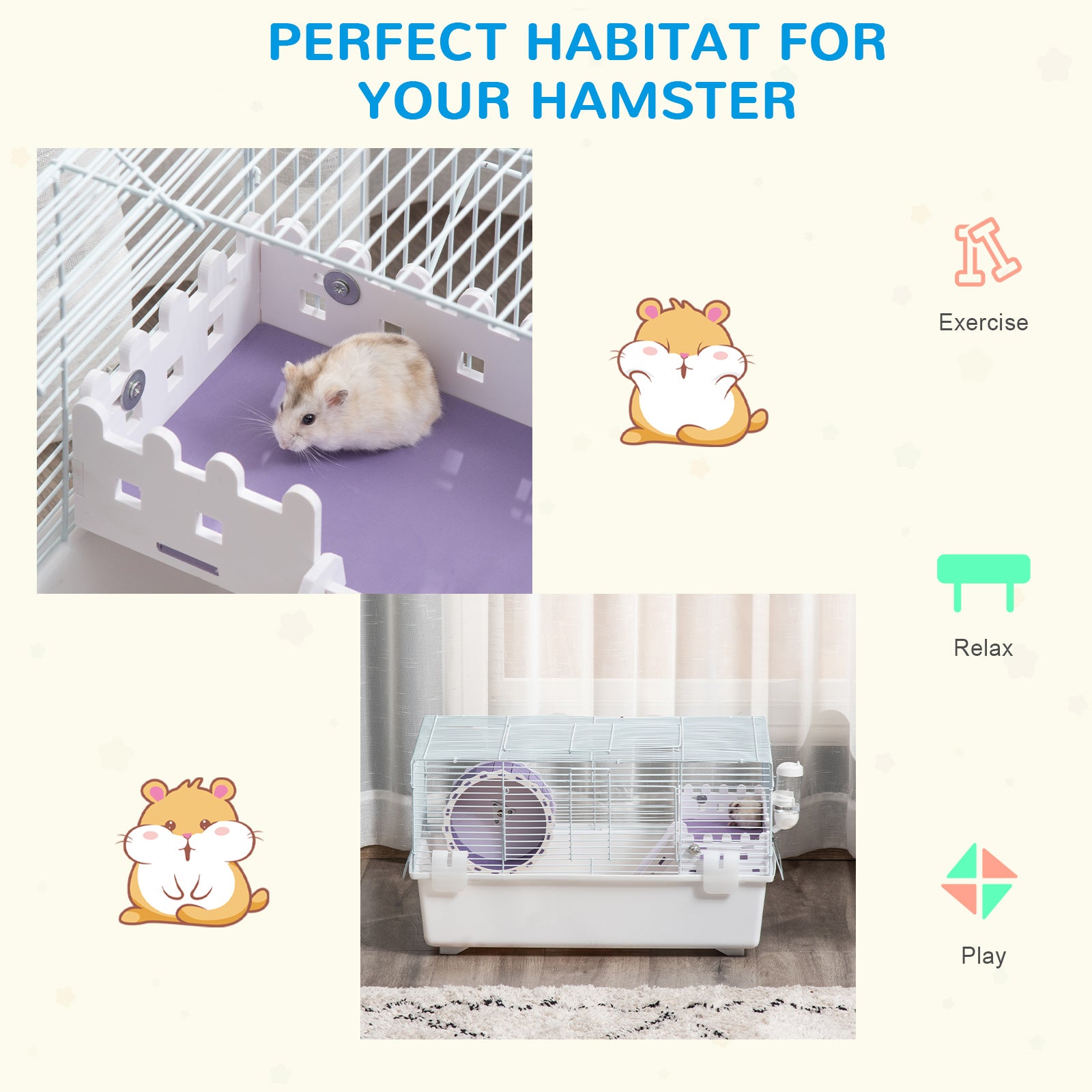 Two-Tier Hamster Cage Gerbil Haven Multi-Storey Rodent House Small Animal Habitat with Water Bottle, Excise Wheel, Ladder, White