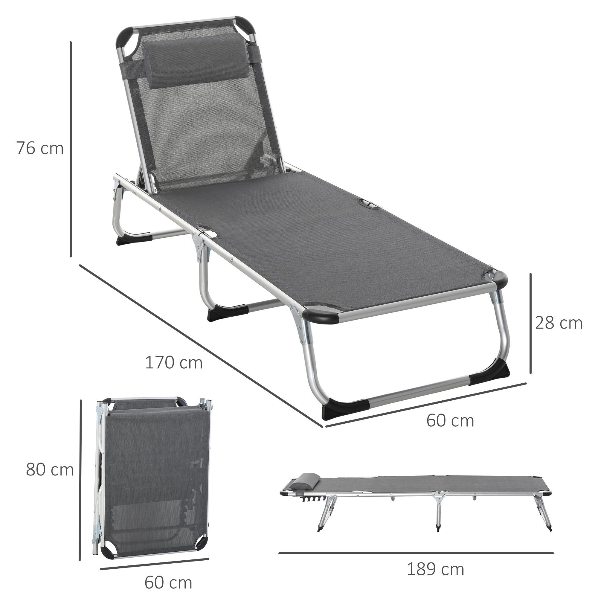 2 Pieces Foldable Sun Lounger with Pillow, 5-Level Adjustable Reclining Lounge Chair, Aluminium Frame Camping Bed Cot, Grey