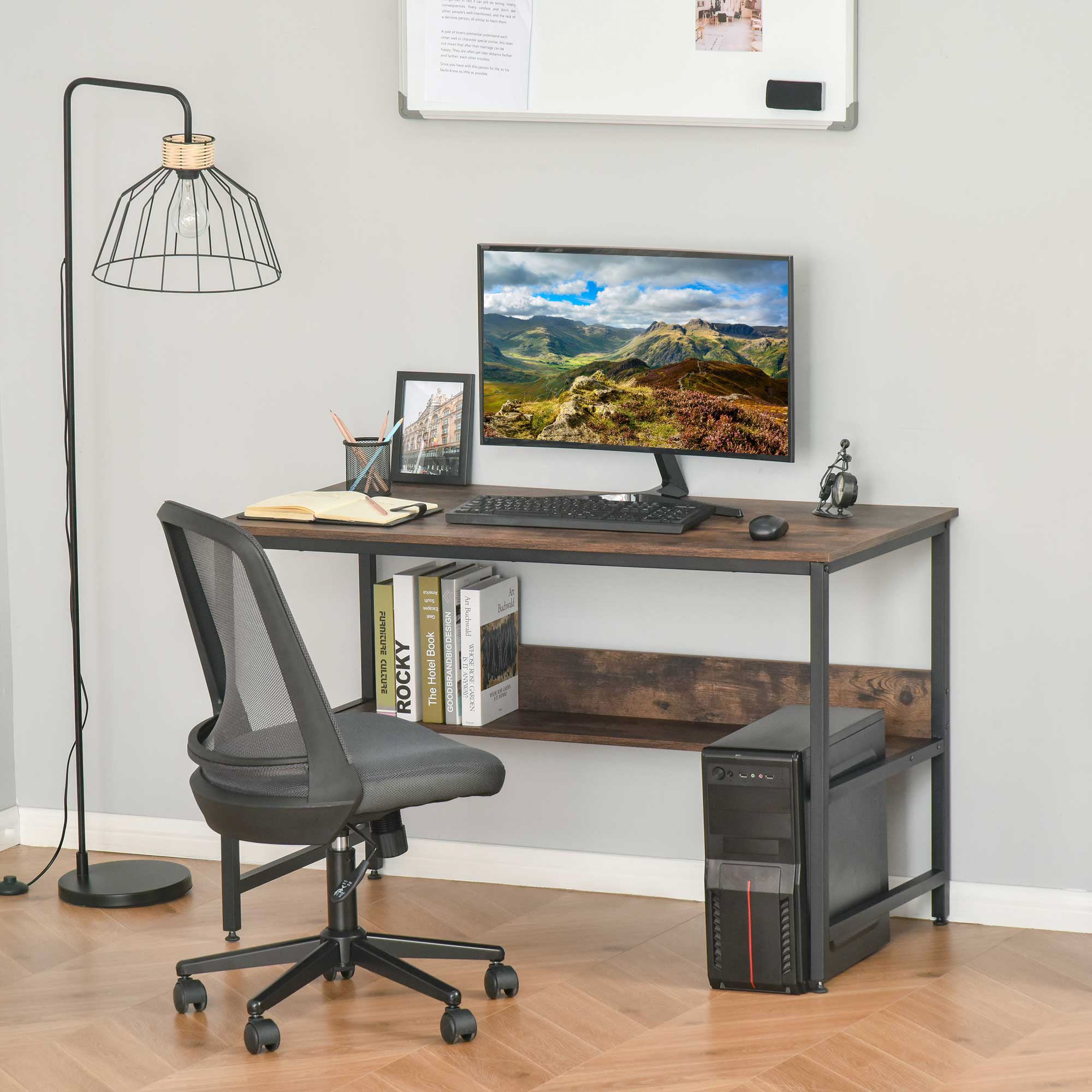 Computer Desk w/ Storage Shelf Adjustable Feet Metal Frame Home Office Laptop Study Writing Workstation Table Rustic Brown