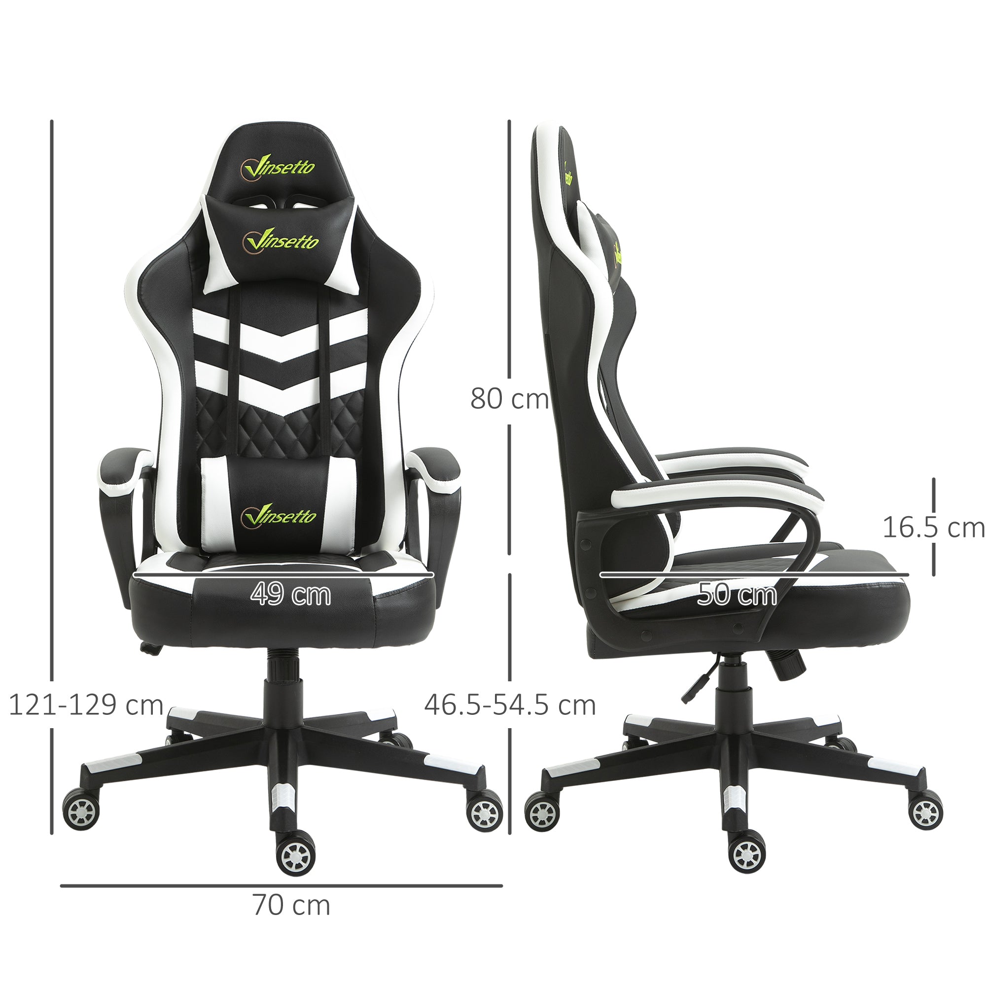 Racing Gaming Chair with Lumbar Support, Headrest, Swivel Wheel, PVC Leather Gamer Desk Chair for Home Office, Black White