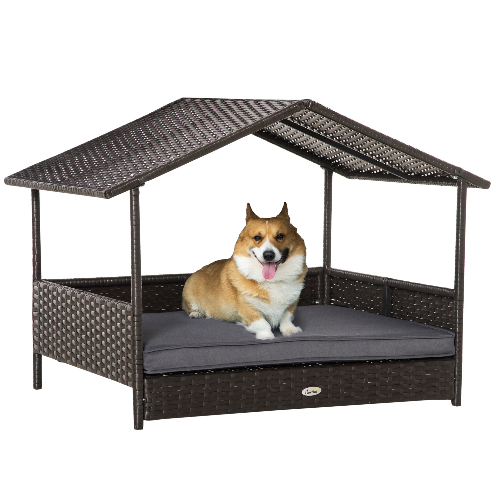 Rattan Dog House, Elevated Wicker Pet Bed Lounge with Removable Cushion and Canopy, for Small and Medium Dogs, 98 x 69 x 73cm - Grey