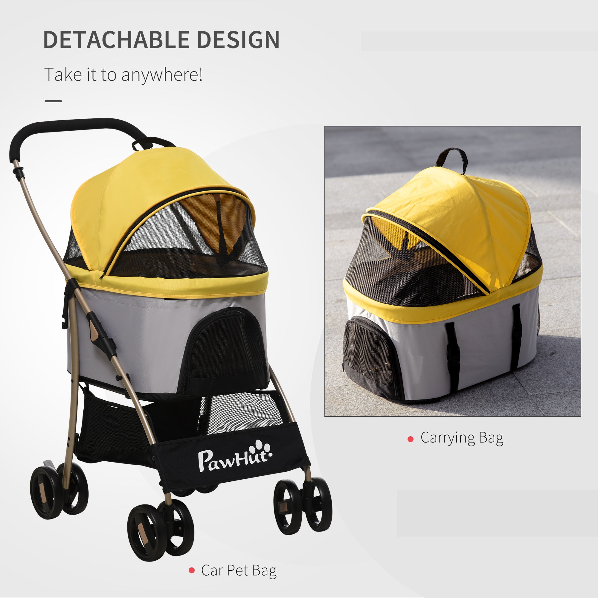 Detachable Dog Pushchair, 3-In-1 Dog Cat Travel Carriage, Foldable Carrying Bag with Universal Wheel Brake Canopy Basket Storage Bag, Yellow