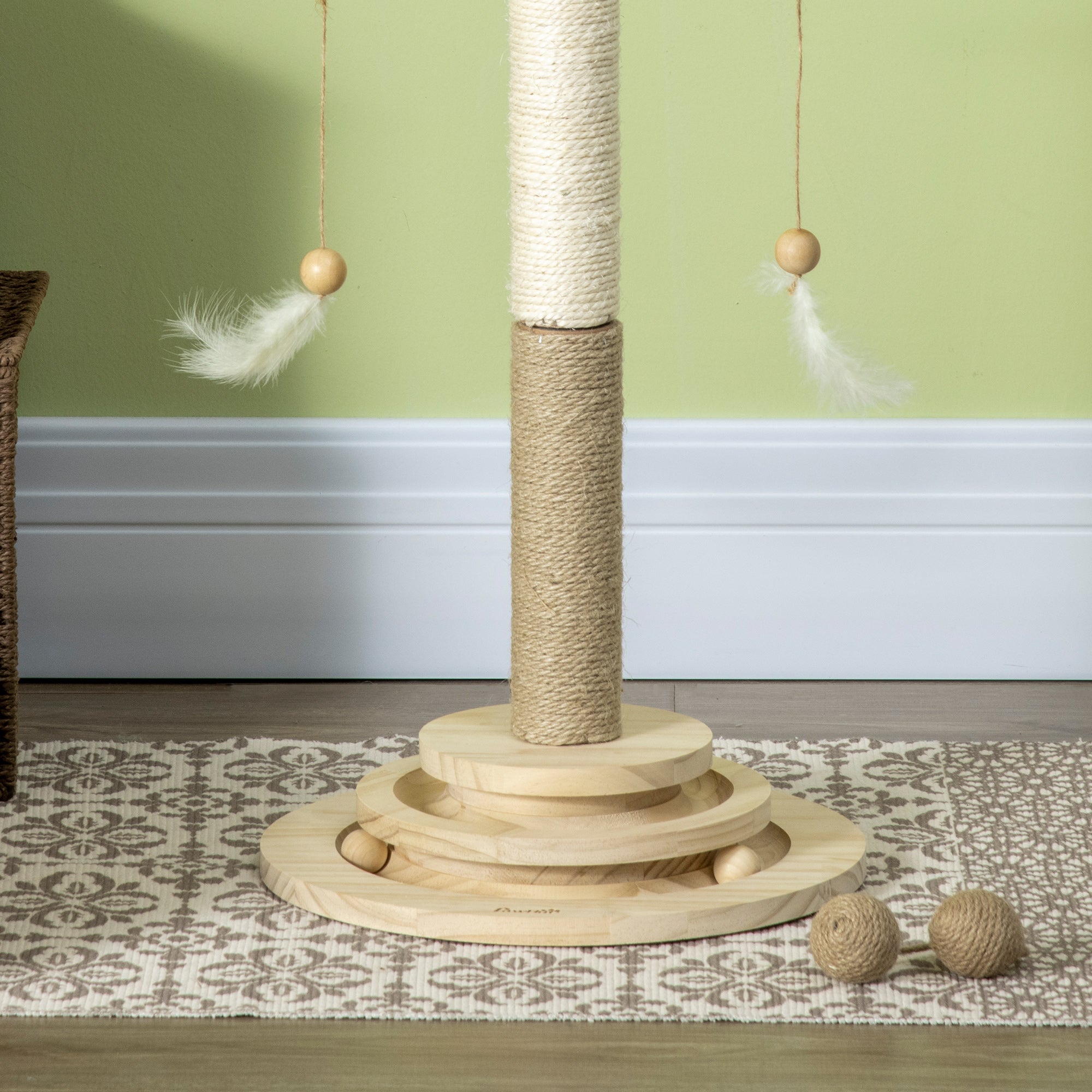 56cm Cat Tree, Kitty Activity Center with Turntable Interactive Ball Toy, Cat Tower with Jute & Sisal Scratching Post, Natural