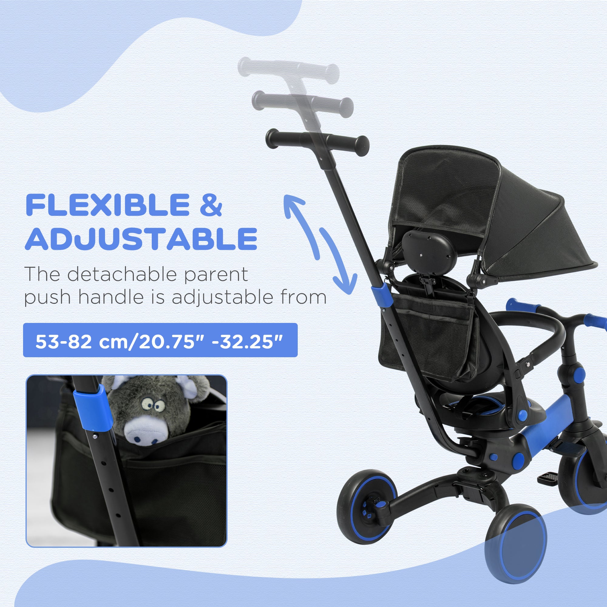 3-in-1 Tricycle for Kids with Aluminium Frame, Baby Trike with Adjustable Push Handle, Canopy and Seat Angle for 18-48 Months, Blue