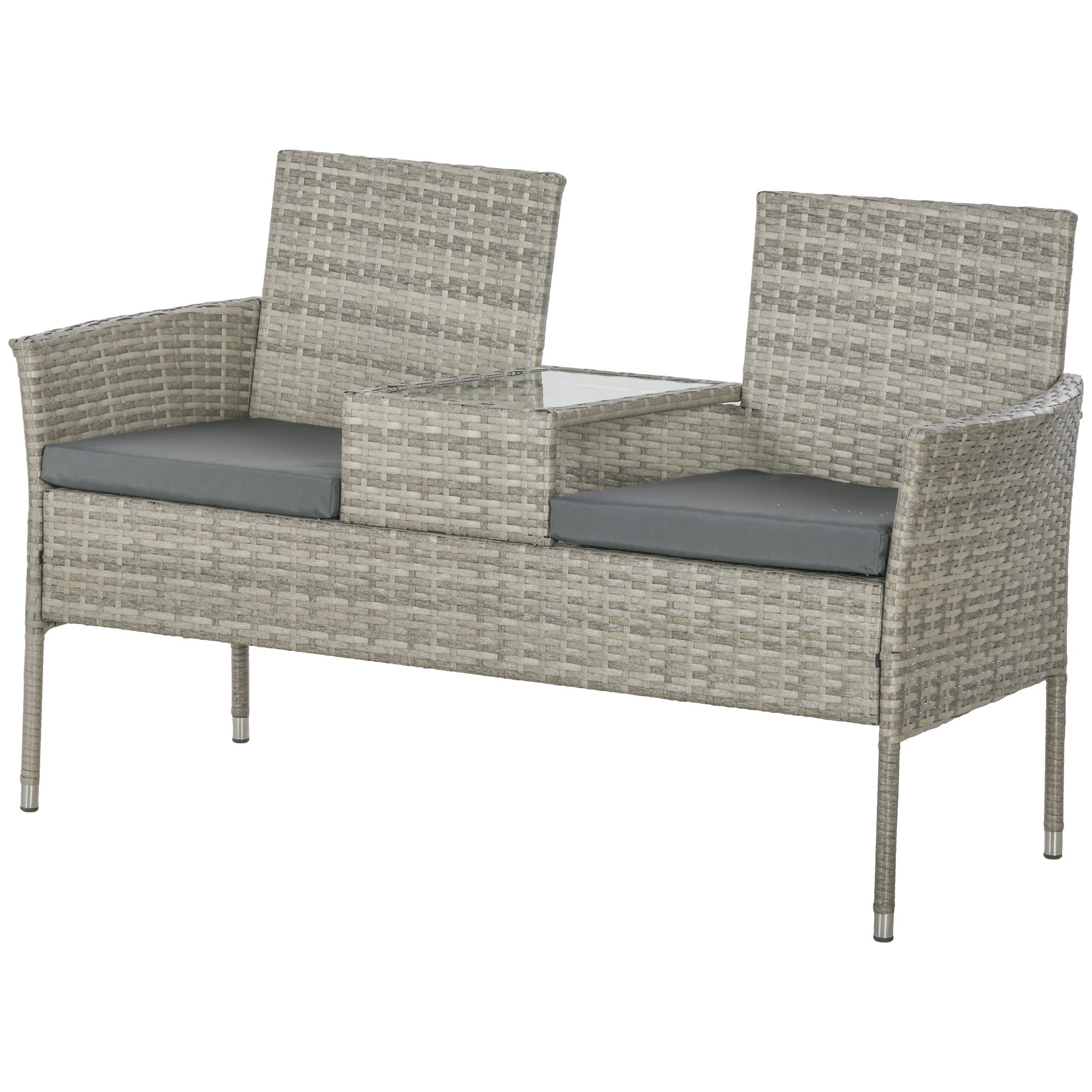 2 Piece Rattan Loveseat Set with Glass Table and Cushions - Mixed Grey