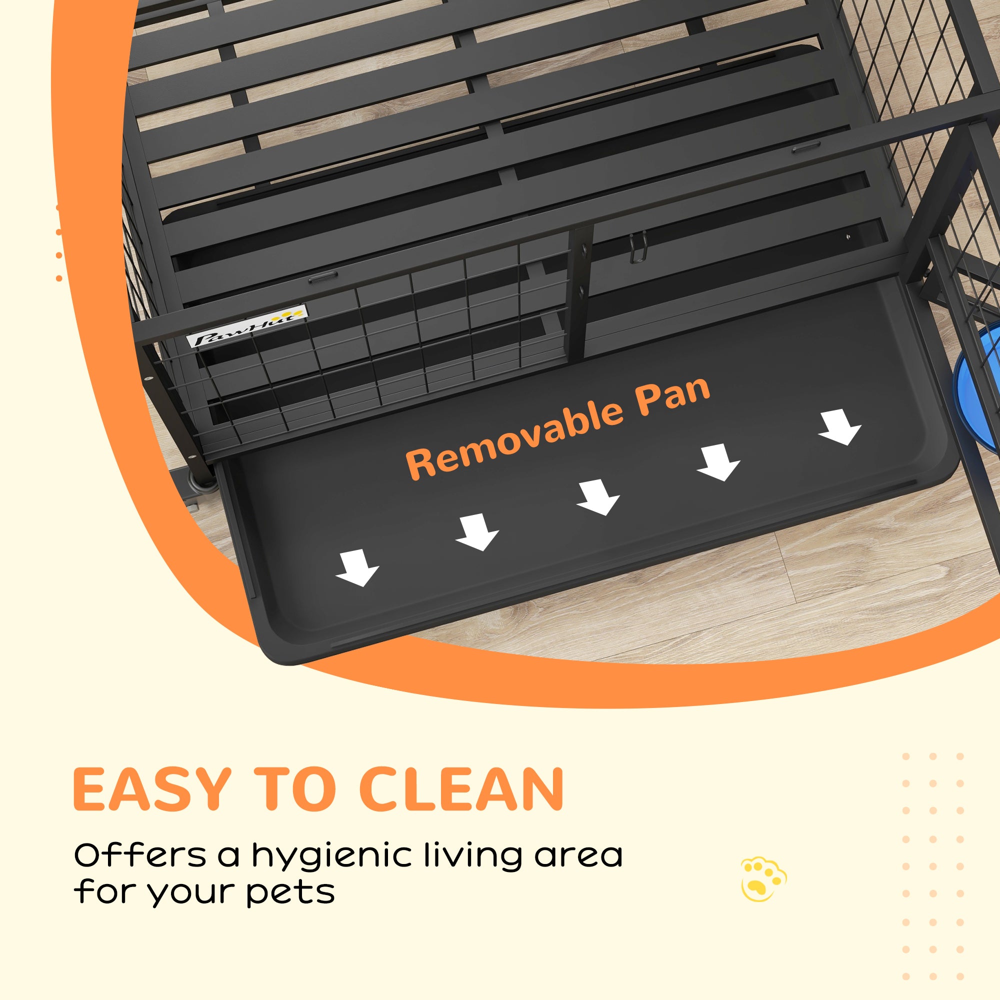 Heavy Duty Dog Crate on Wheels w/ Bowl Holder, Removable Tray, Detachable Top, Double Doors for L, XL Dogs