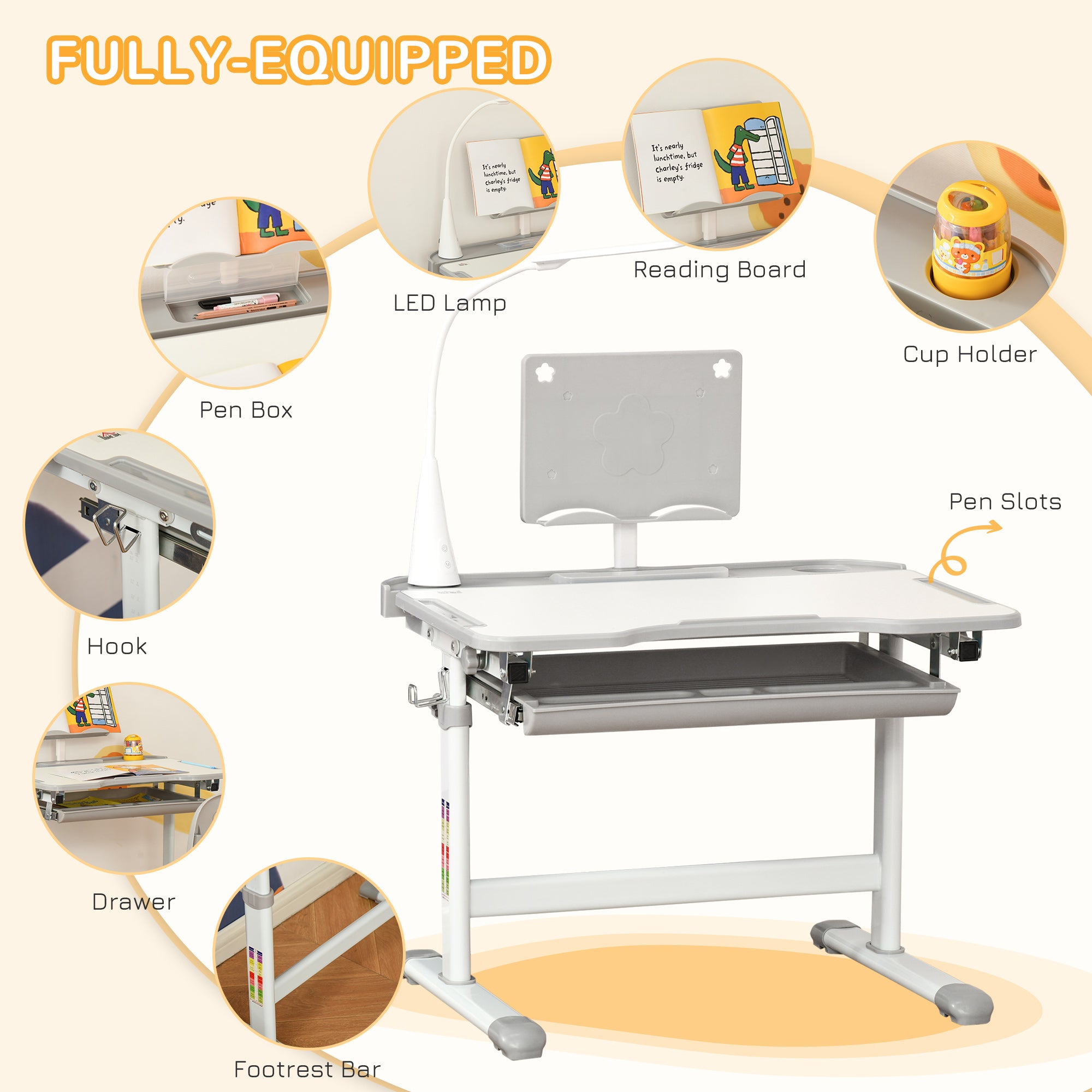 Kids Table and Chair Set, Activity Desk with USB Lamp, Storage Drawer for Study, Activities, Arts, or Crafts, Grey and White