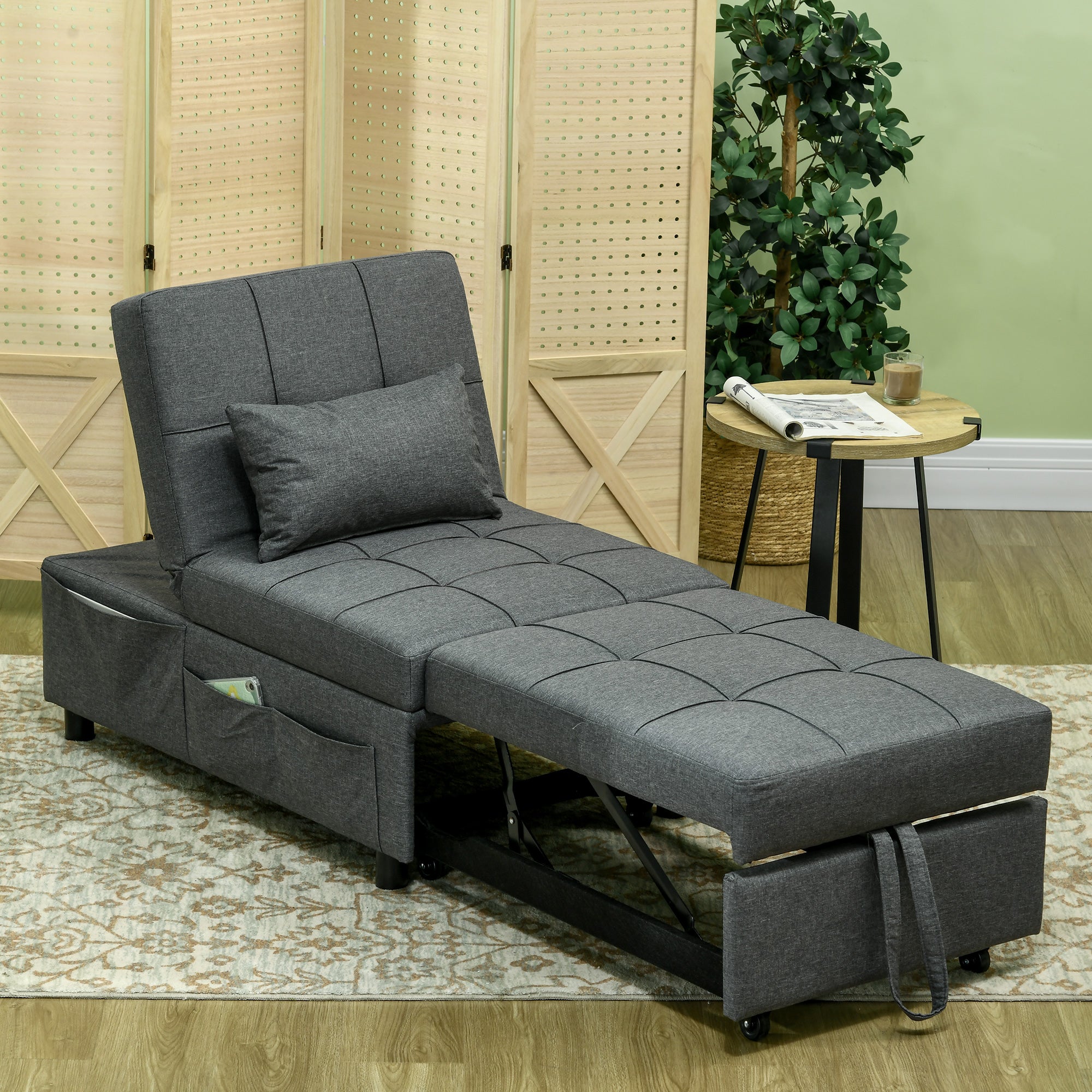 Convertible Chair Bed w/ Padding Seat, 3-in-1 Multi-Functional Sleeper Chair Bed, Recliner w/ Adjustable Backrest, Wheels and Pillow, Grey