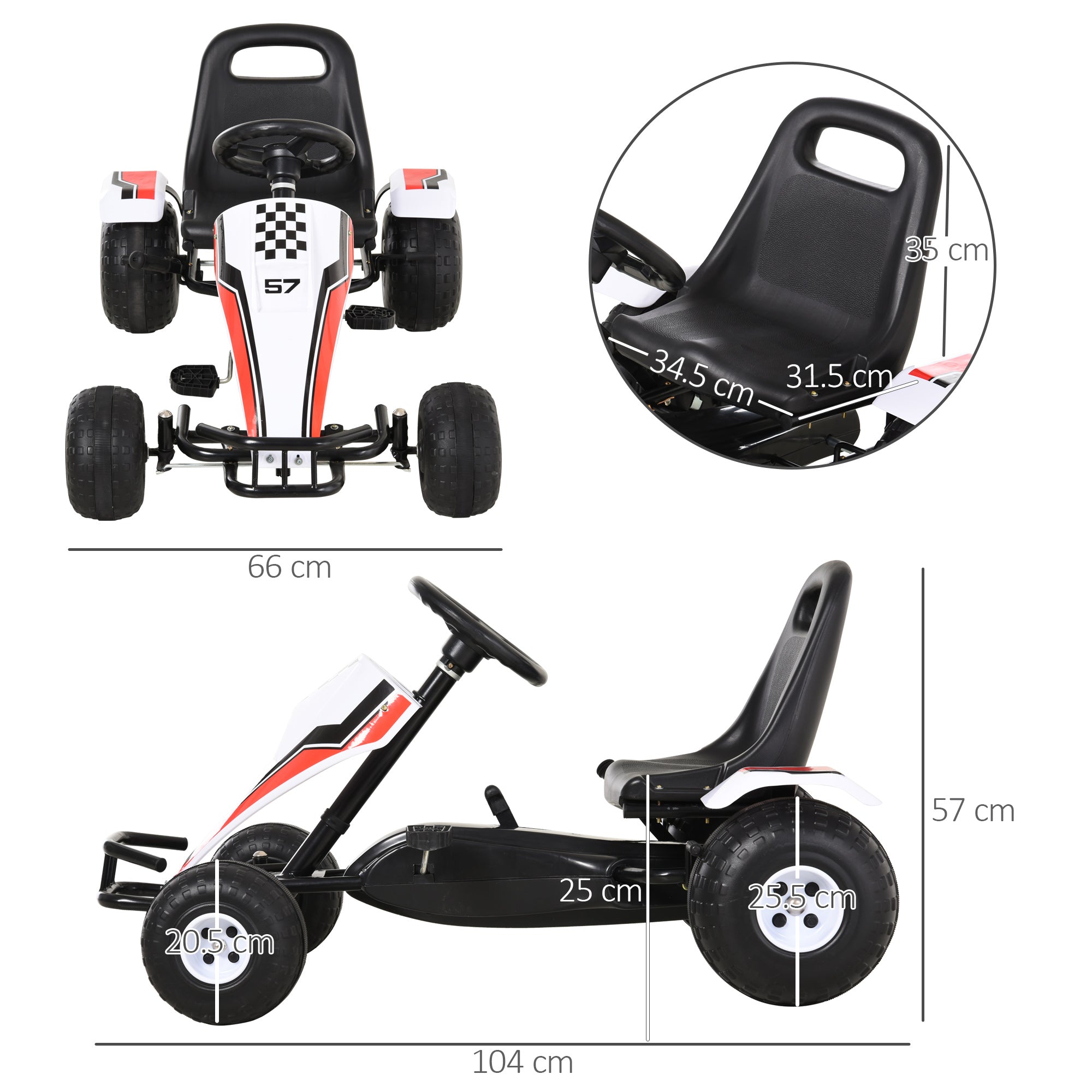 Kids Adjustable Seat PP Pedal Go-Kart White/Red