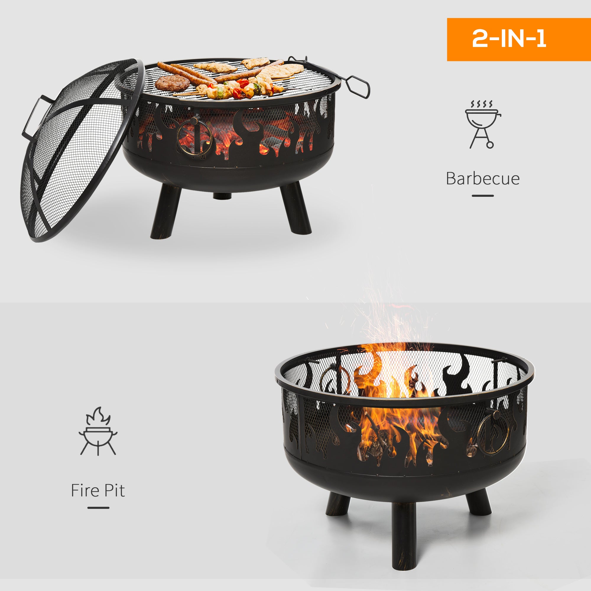 2-in-1 Outdoor Fire Pit and Steel BBQ Grill with Spark Screen and Fire Poker for Patio - Black
