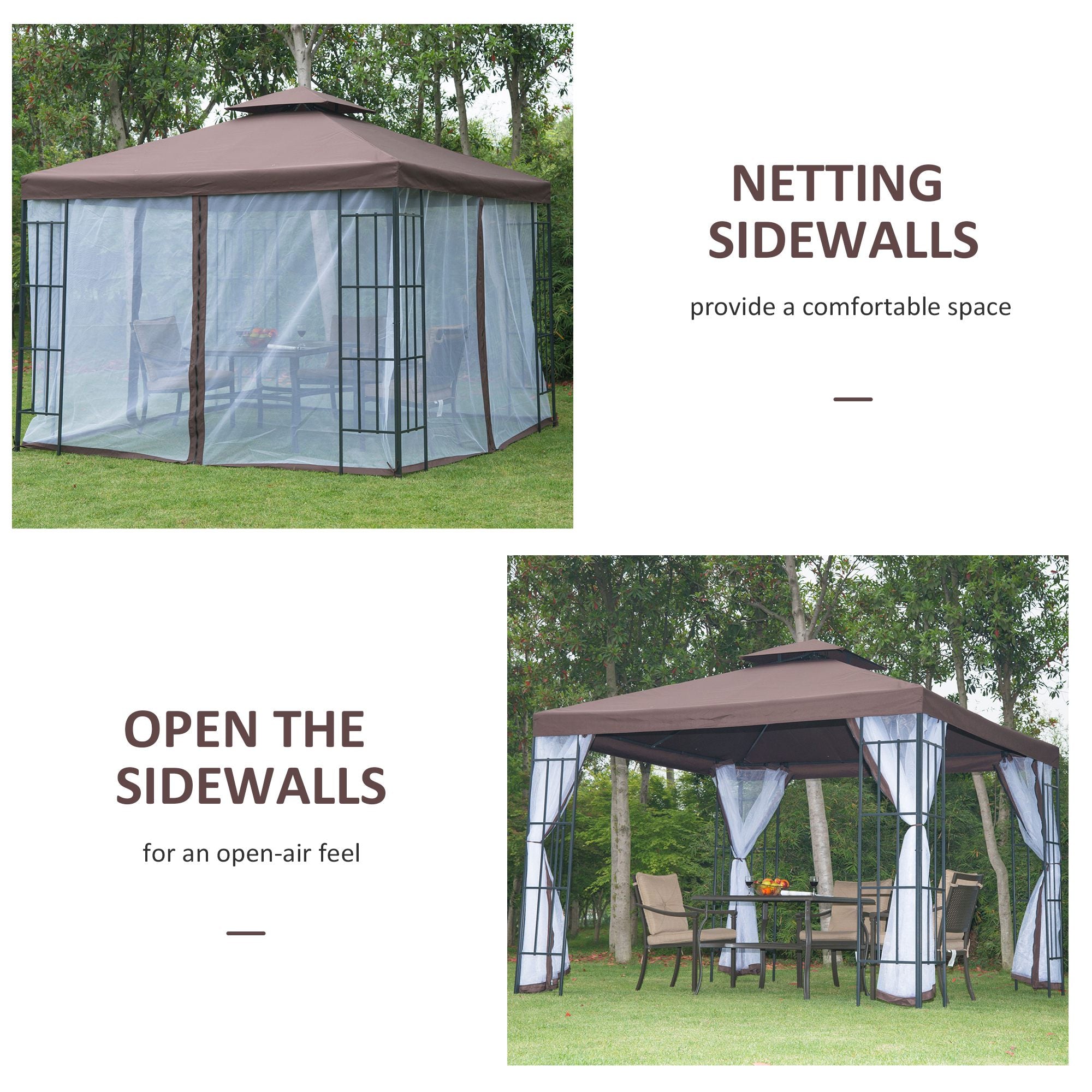 3 x 3(m) Patio Gazebo Canopy Garden Pavilion Tent Shelter with 2 Tier Roof and Mosquito Netting, Steel Frame, Coffee