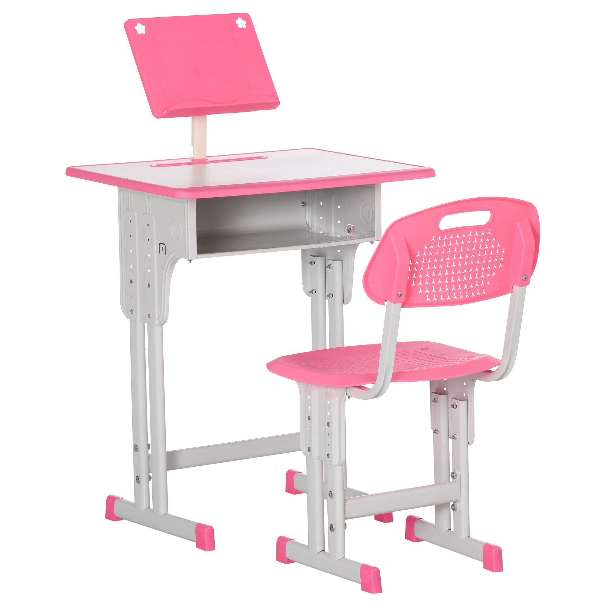 Kids Desk and Chair Set, Height Adjustable Study Table Set with Storage Drawer, Book Stand, Cup Holder, Pen Slot, Pink