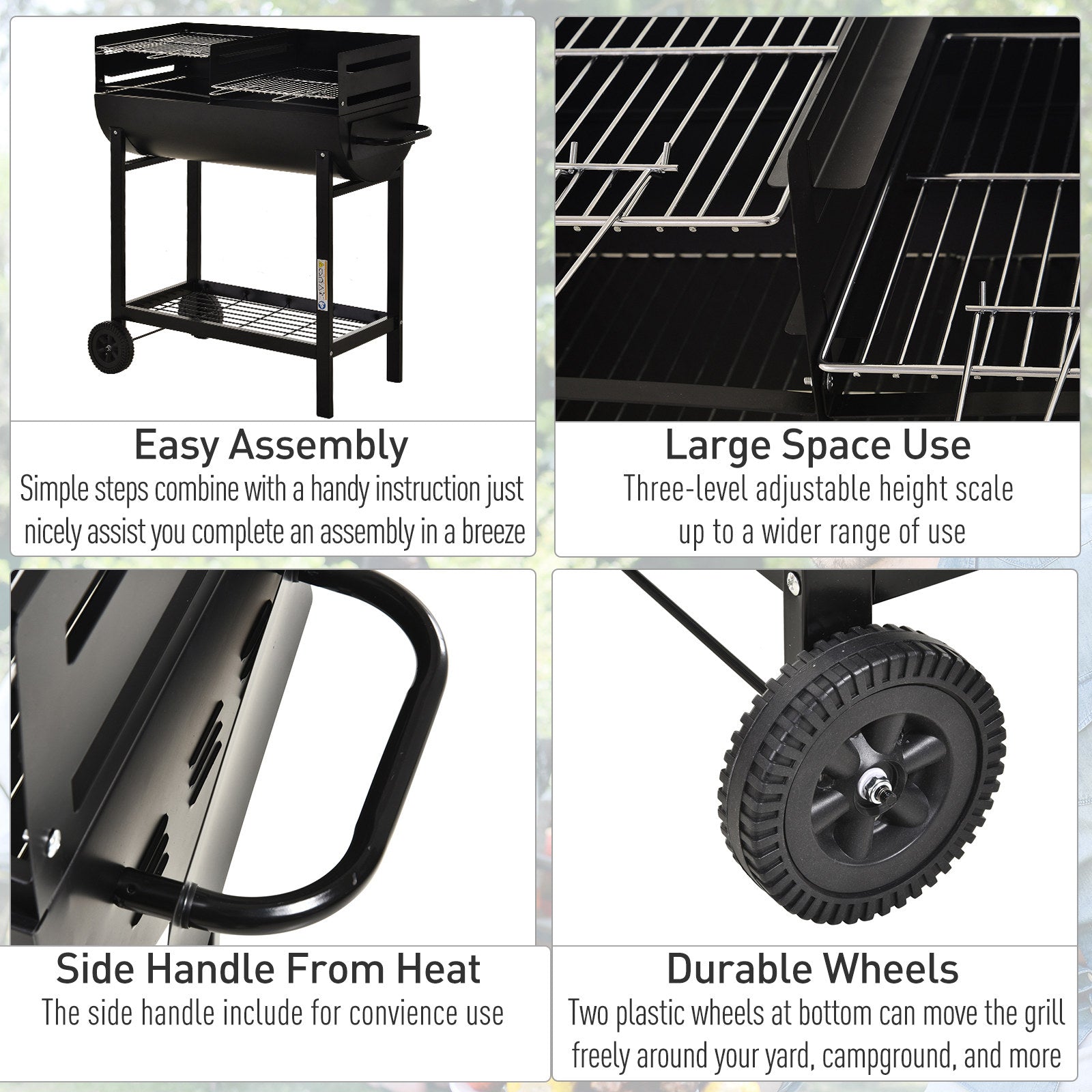 Charcoal Barbecue Grill Garden BBQ Trolley w/ Dual Grill, Adjustable Grill Nets, Heat-resistant Steel, Wheels, Black