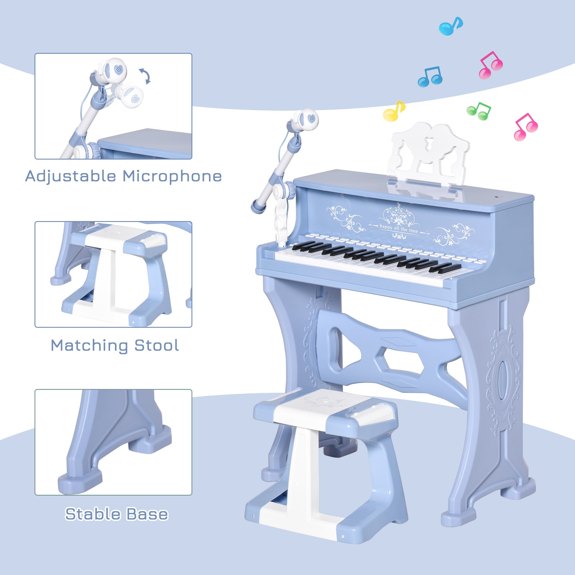 37 Keys Mini Electronic Keyboard Light Kids Musical Instrument Educational Game Children Grand Piano Toy Set w/Stool & Microphone & Music Blue