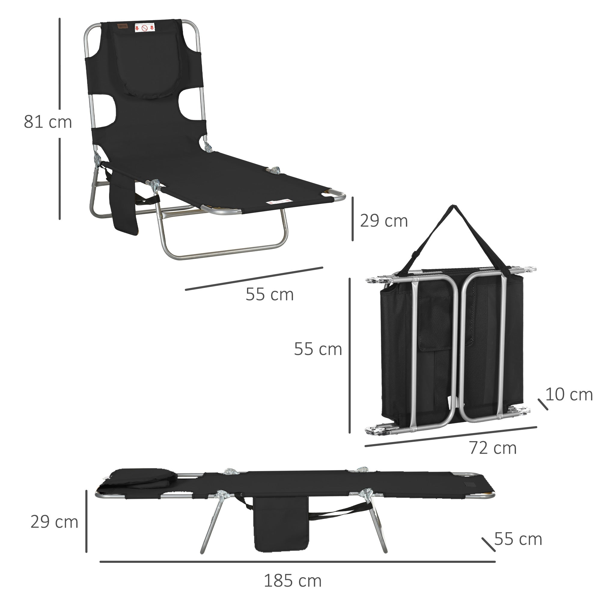 Foldable Sun Lounger, Beach Chaise Lounge with Reading Hole, Arm Slots, 5-Position Adjustable Backrest, Side Pocket, Pillow for Patio Black